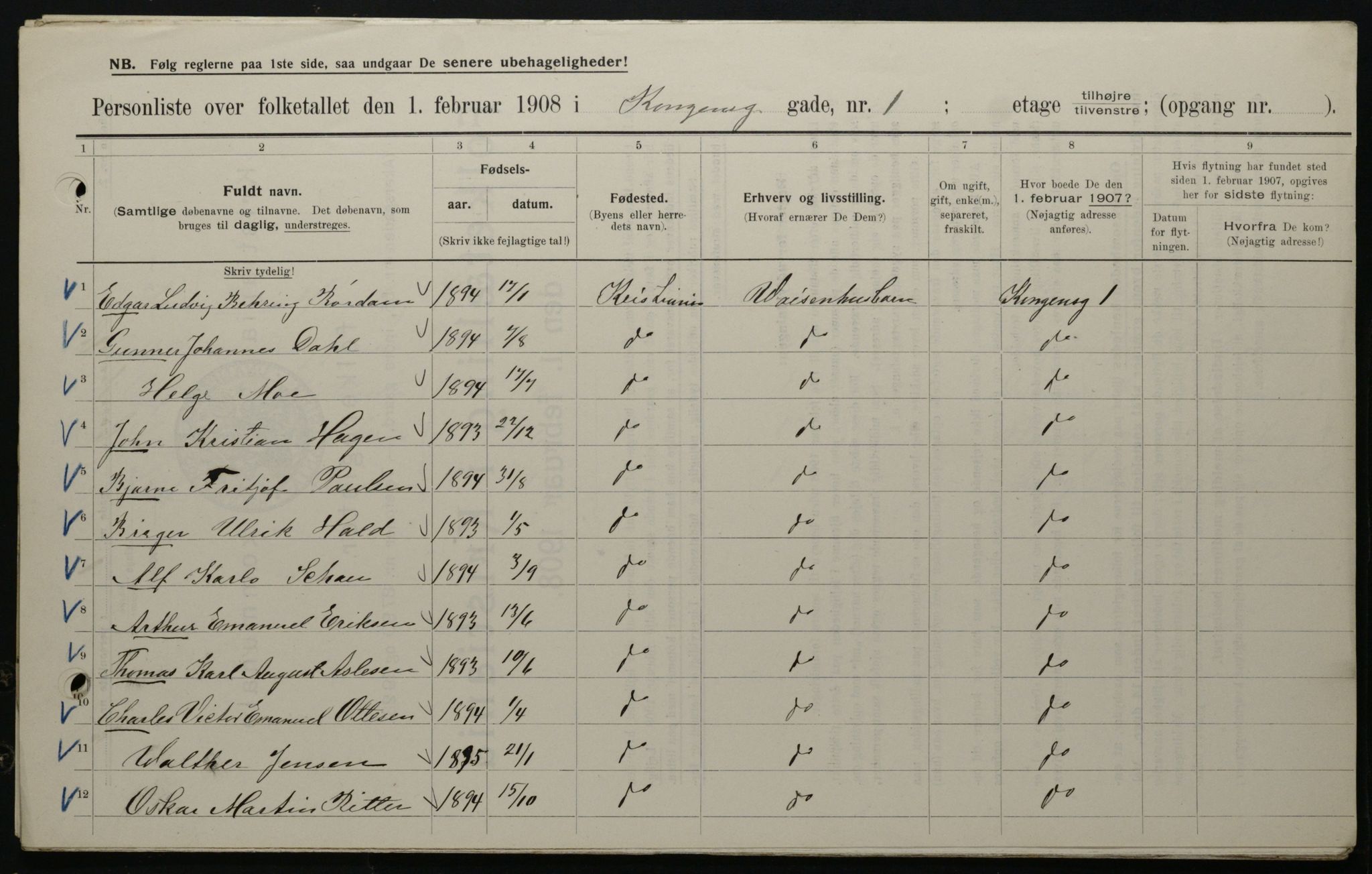 OBA, Kommunal folketelling 1.2.1908 for Kristiania kjøpstad, 1908, s. 46888