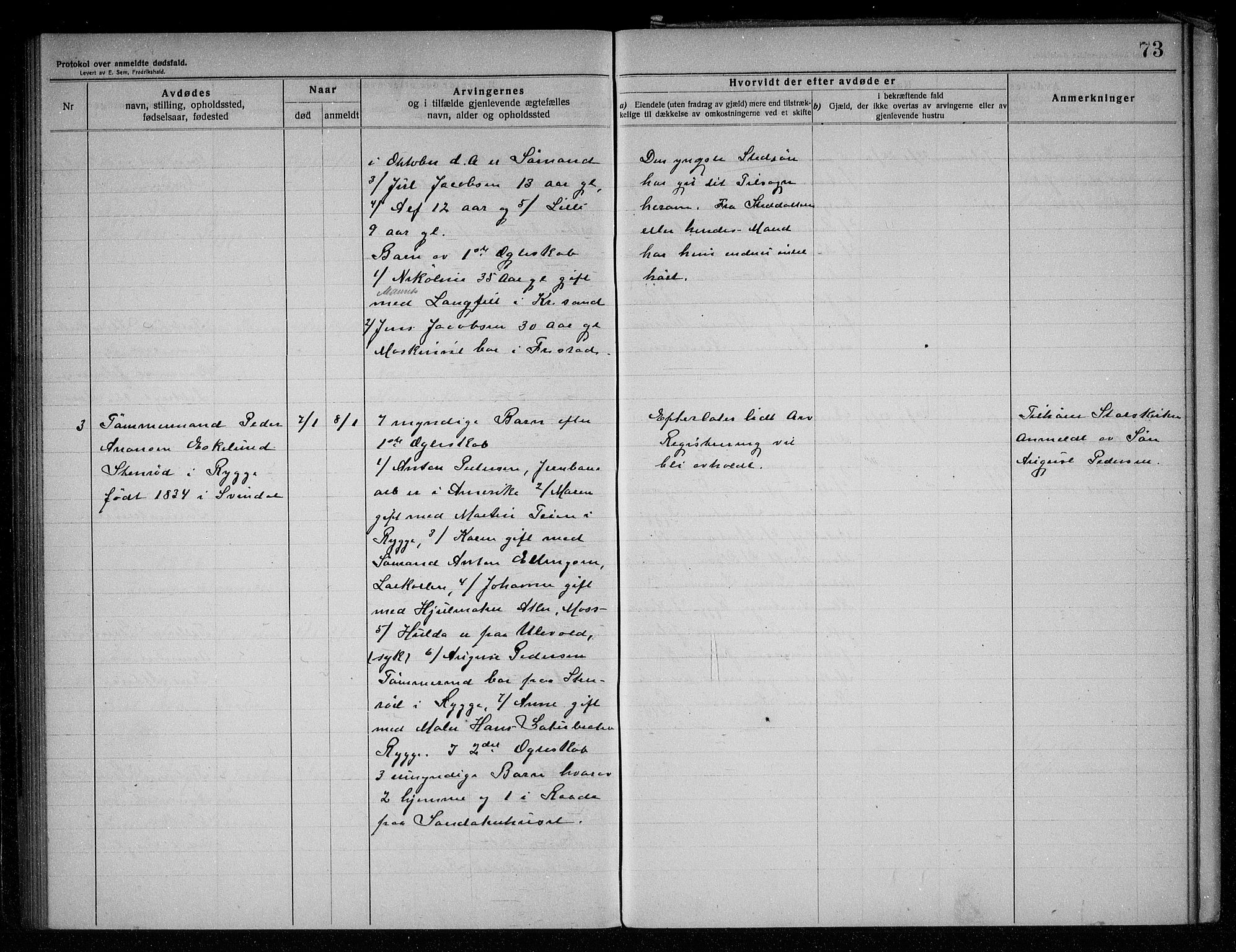 Rygge lensmannskontor, SAO/A-10005/H/Ha/Haa/L0005: Dødsfallsprotokoll, 1912-1916, s. 73