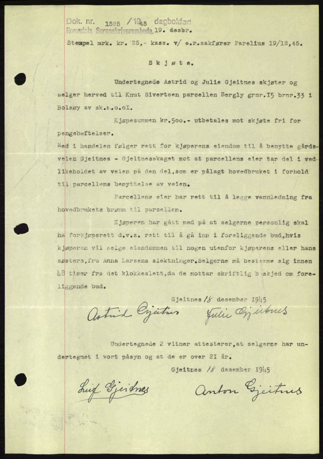 Romsdal sorenskriveri, SAT/A-4149/1/2/2C: Pantebok nr. A18, 1945-1945, Dagboknr: 1525/1945