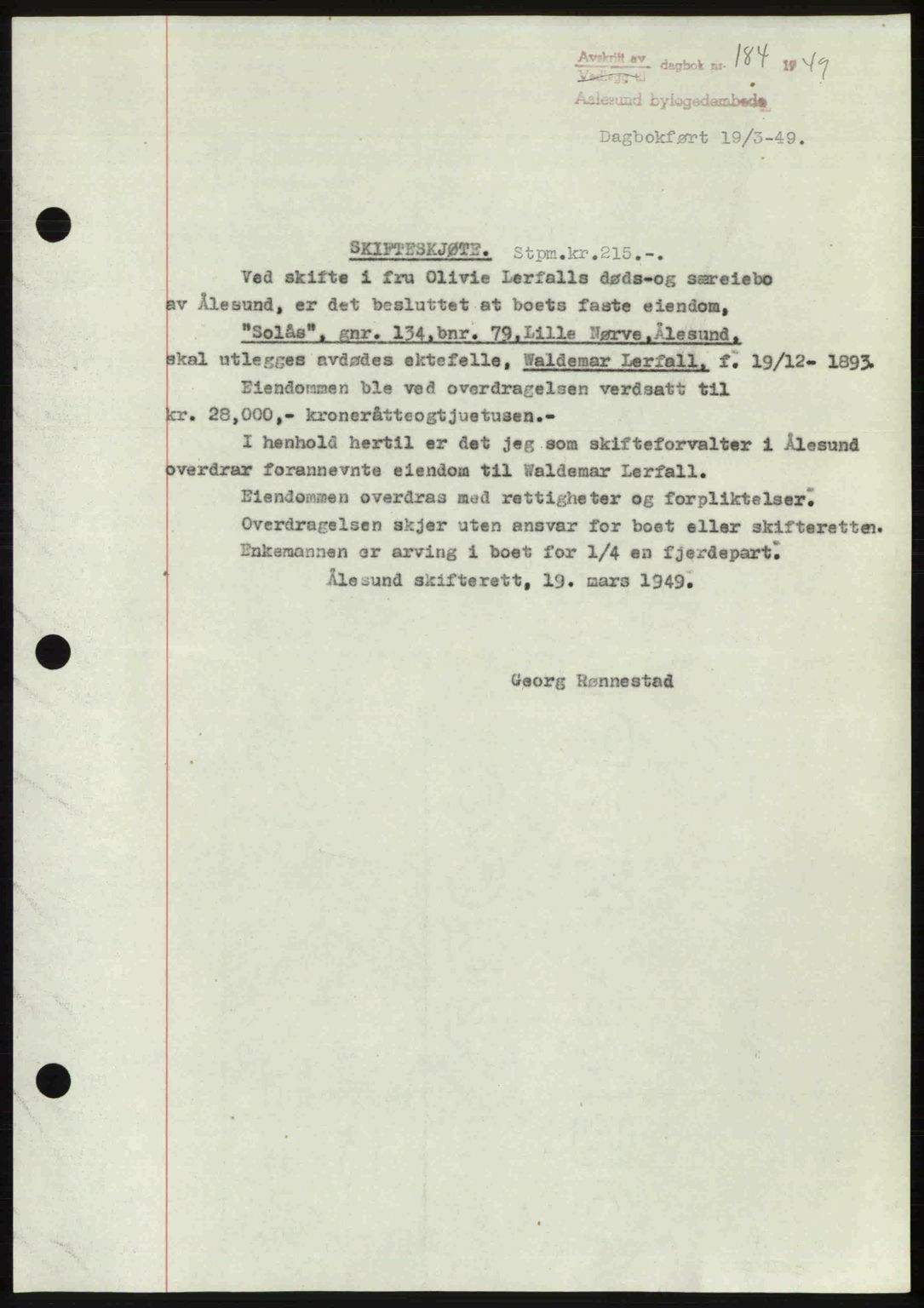 Ålesund byfogd, AV/SAT-A-4384: Pantebok nr. 37A (1), 1947-1949, Dagboknr: 184/1949
