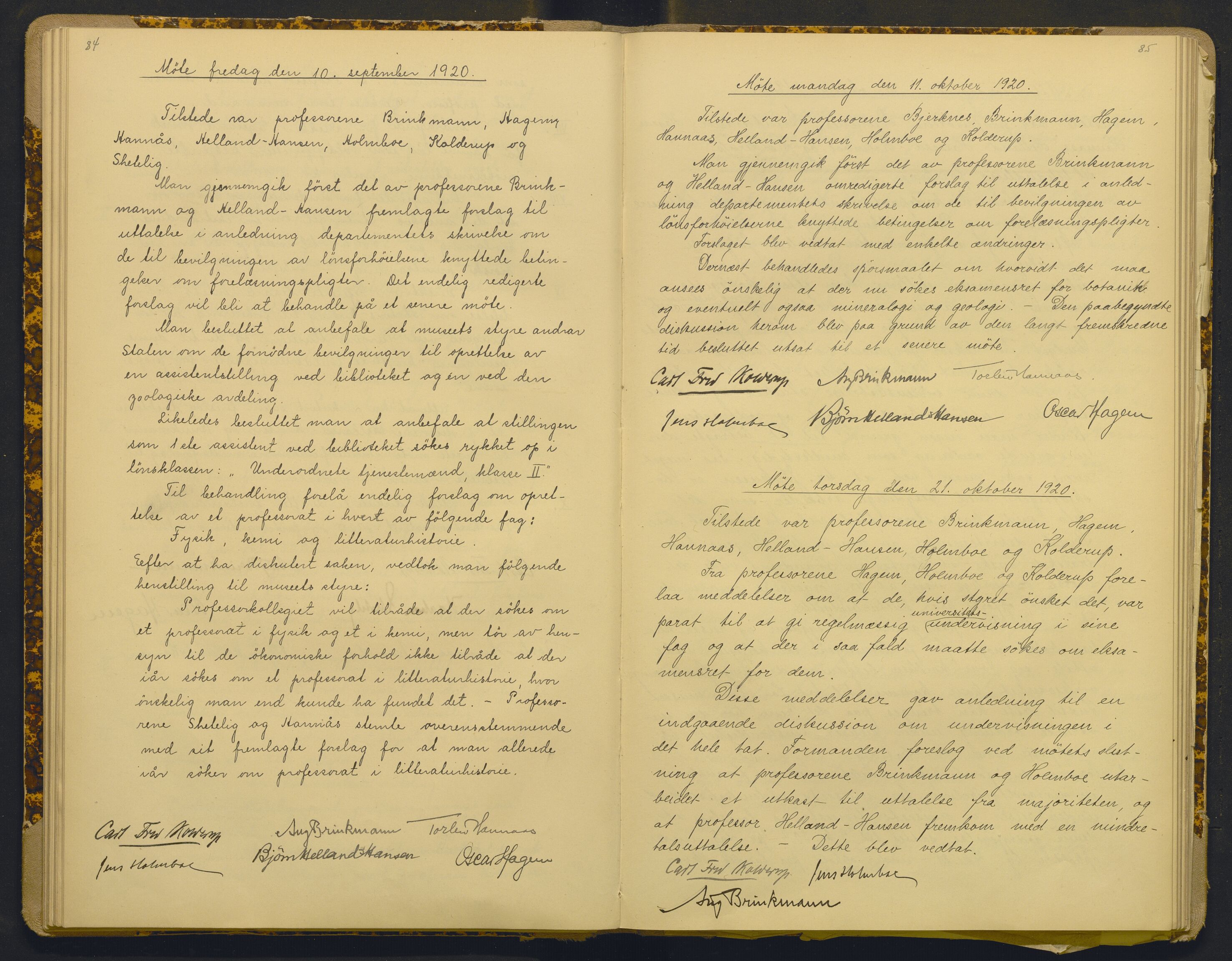 Bergens Museum, AV/SAB-A-17301/18/A/L0001: Bestyrerkollegiets forhandlingsprotokoll med register , 1907-1927, s. 84-85