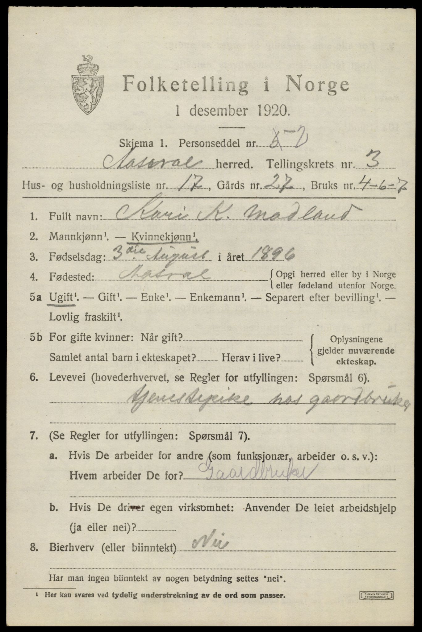 SAK, Folketelling 1920 for 1026 Åseral herred, 1920, s. 1148