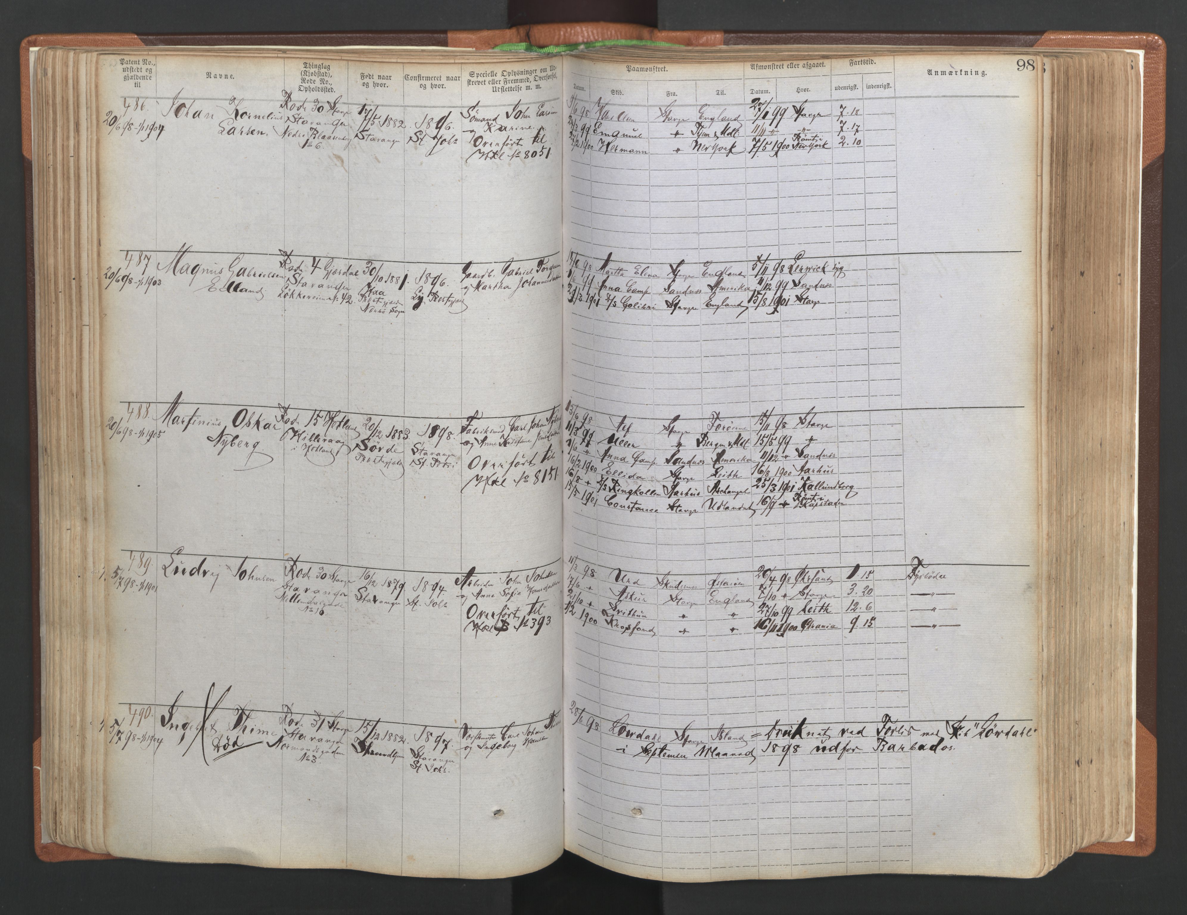 Stavanger sjømannskontor, AV/SAST-A-102006/F/Ff/L0004: Annotasjonsrulle No. 1, patentnr. 1-1785 (del 1), 1869-1900, s. 101