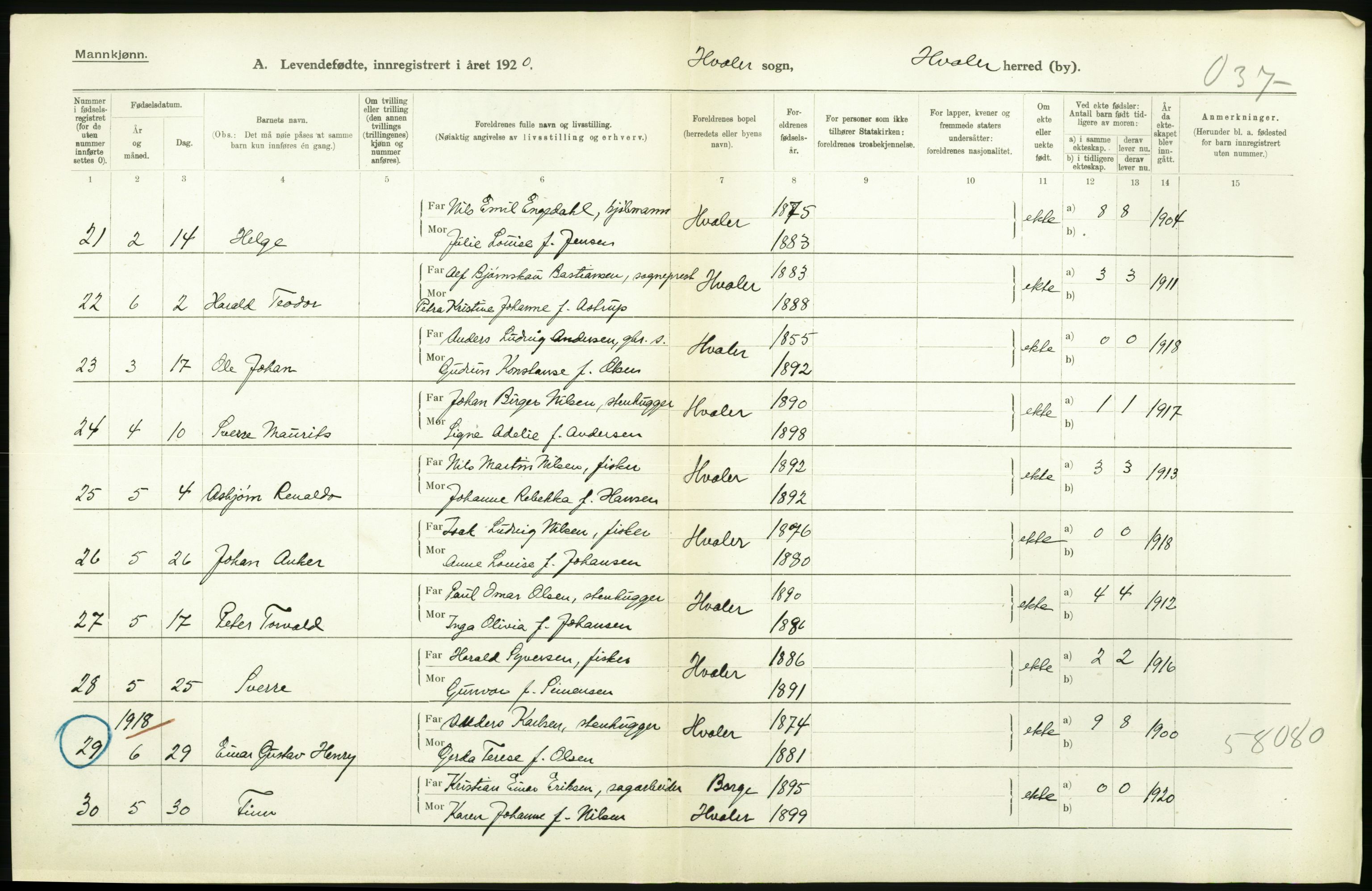 Statistisk sentralbyrå, Sosiodemografiske emner, Befolkning, RA/S-2228/D/Df/Dfb/Dfbj/L0001: Østfold fylke: Levendefødte menn og kvinner. Bygder., 1920, s. 198