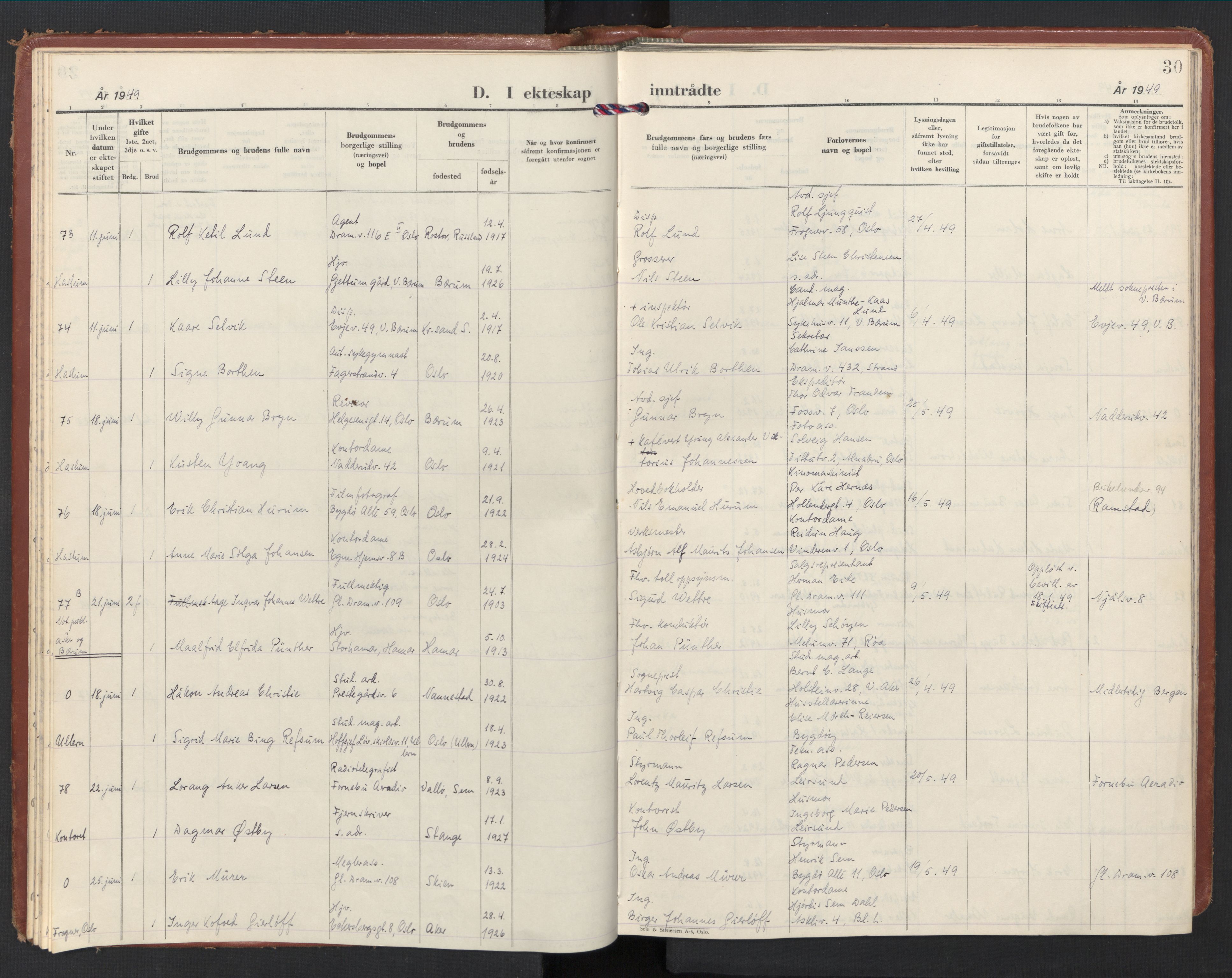 Østre Bærum prestekontor Kirkebøker, AV/SAO-A-10887/F/Fa/L0011: Ministerialbok nr. 11, 1948-1956, s. 30