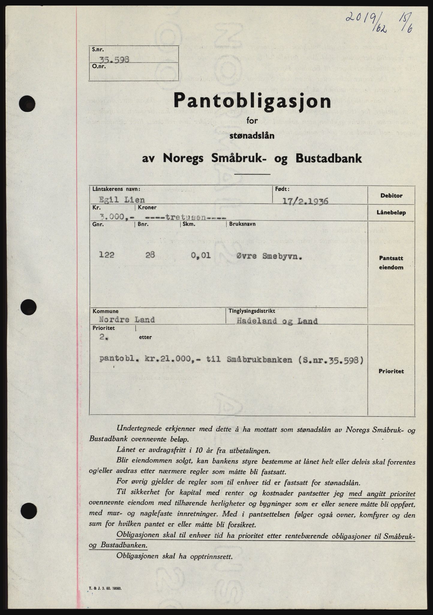Hadeland og Land tingrett, SAH/TING-010/H/Hb/Hbc/L0048: Pantebok nr. B48, 1962-1962, Dagboknr: 2019/1962
