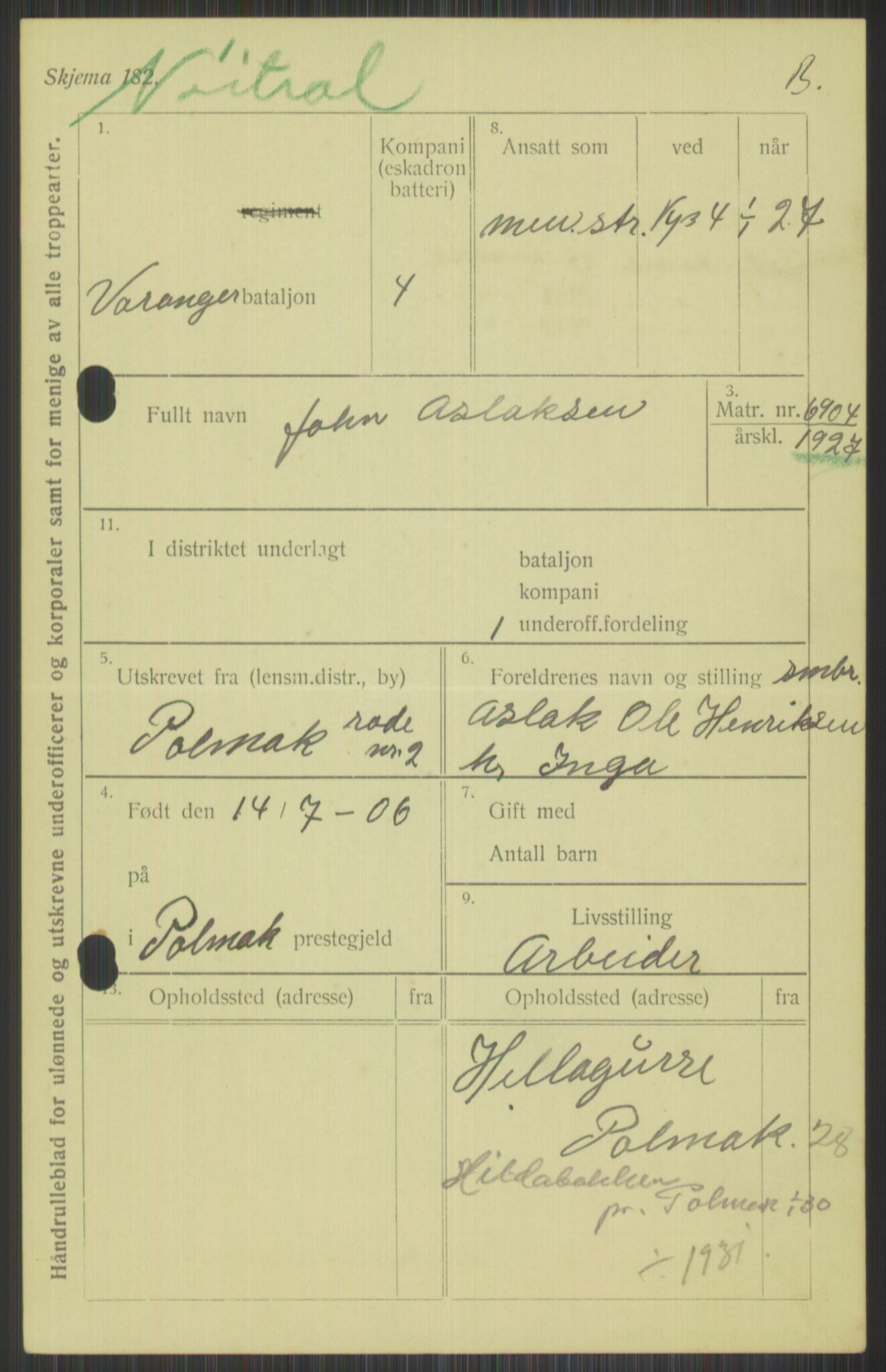 Forsvaret, Varanger bataljon, AV/RA-RAFA-2258/1/D/L0440: Rulleblad for fødte 1892-1912, 1892-1912, s. 801