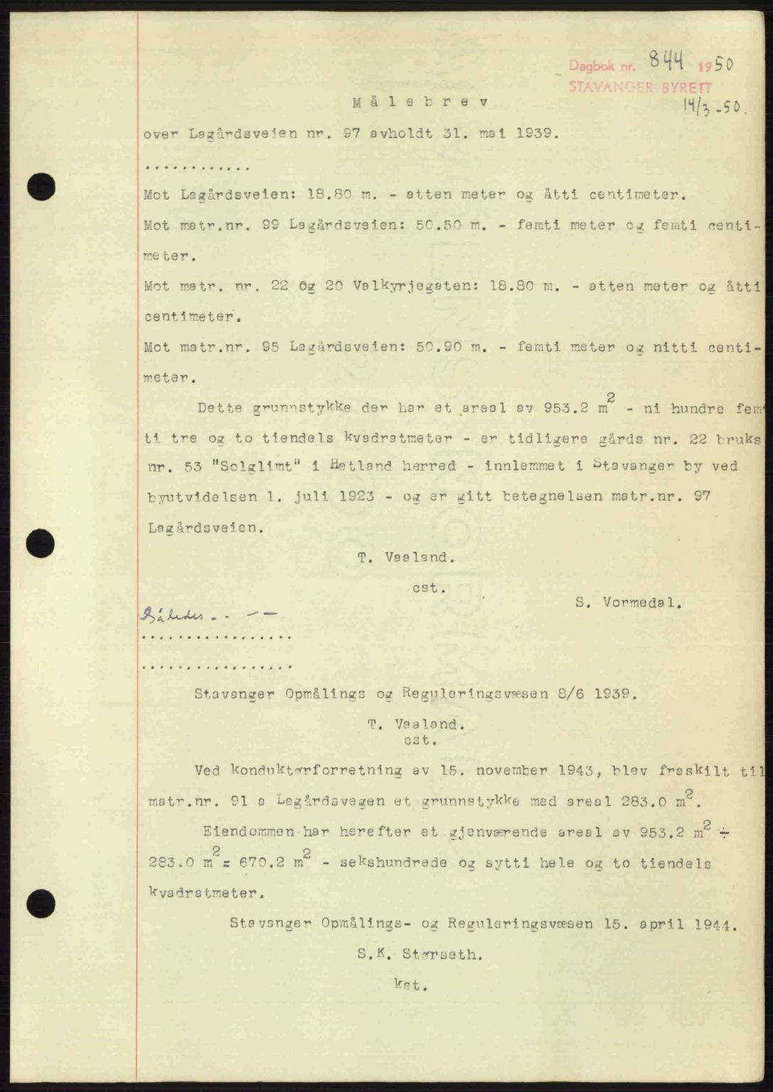 Stavanger byrett, SAST/A-100455/002/G/Gb/L0024: Pantebok nr. A13, 1949-1950, Dagboknr: 844/1950