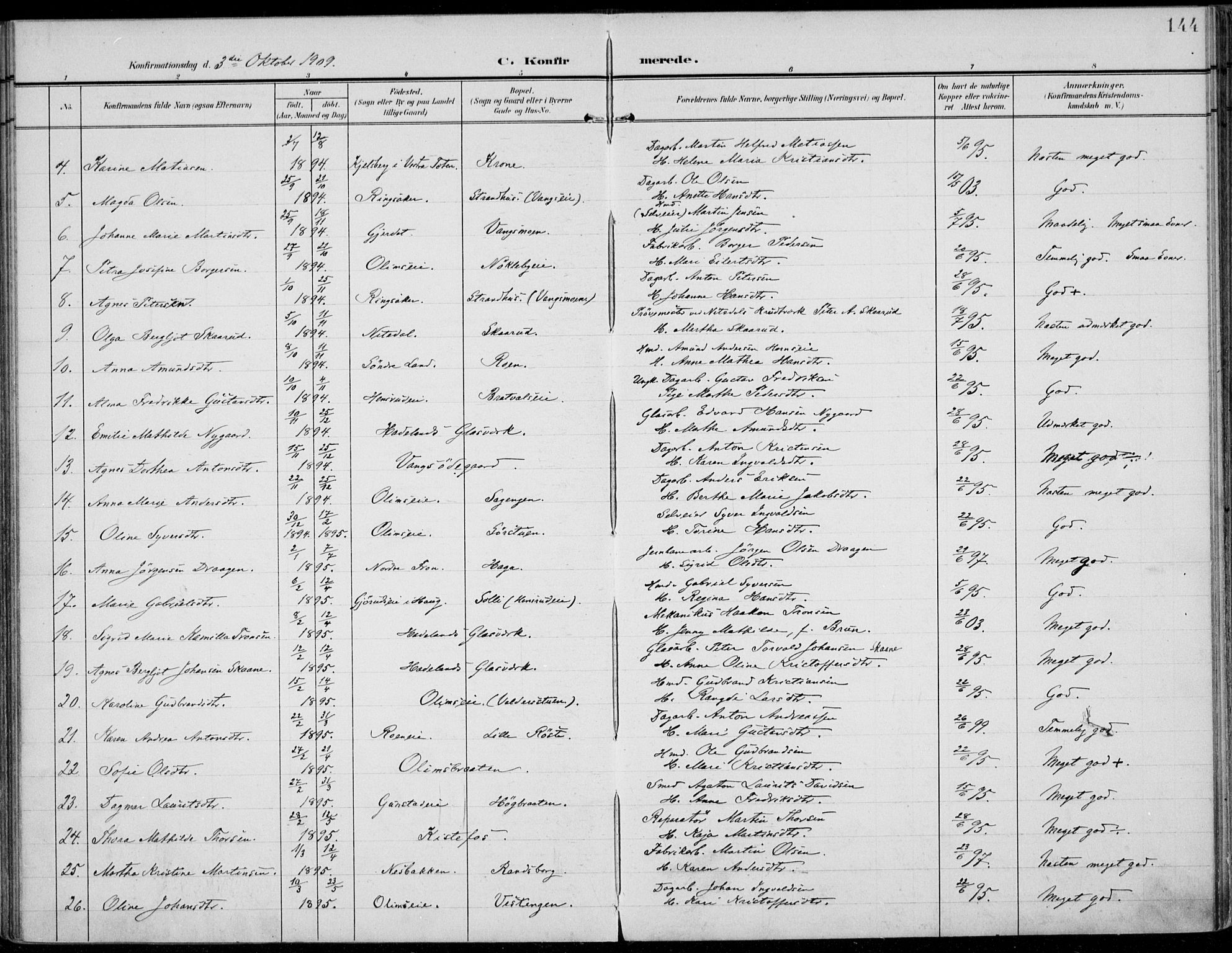 Jevnaker prestekontor, SAH/PREST-116/H/Ha/Haa/L0011: Ministerialbok nr. 11, 1902-1913, s. 144