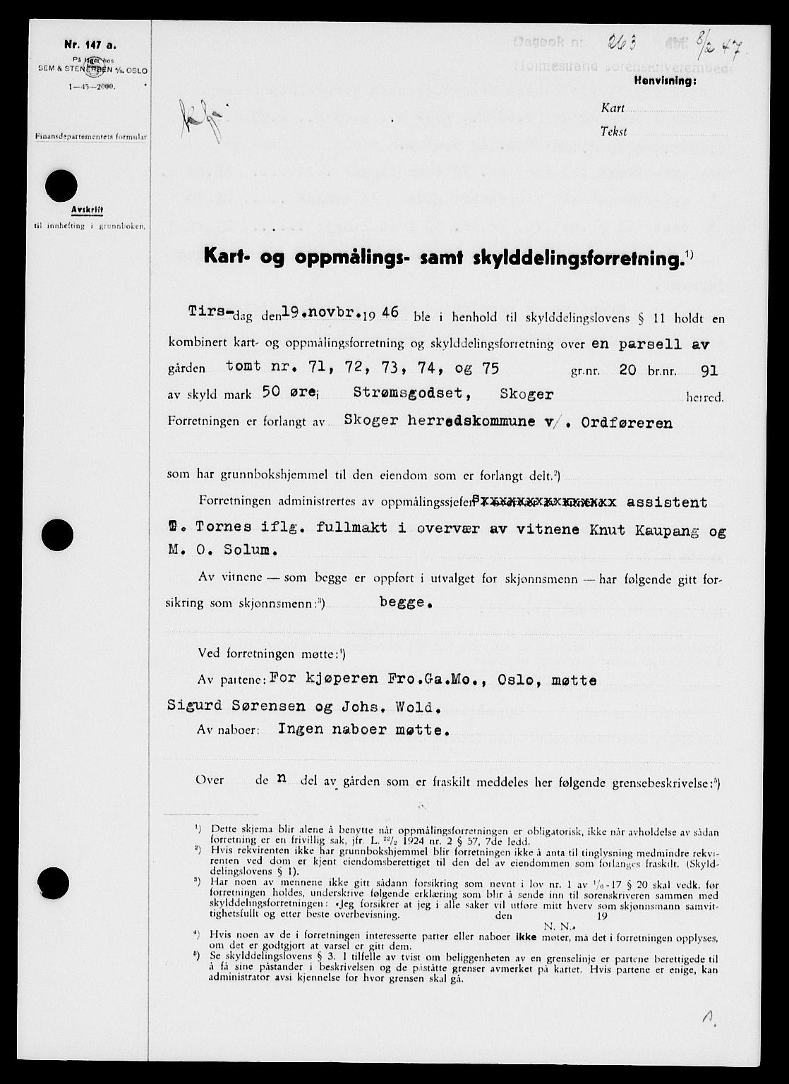 Holmestrand sorenskriveri, SAKO/A-67/G/Ga/Gaa/L0061: Pantebok nr. A-61, 1946-1947, Dagboknr: 263/1947