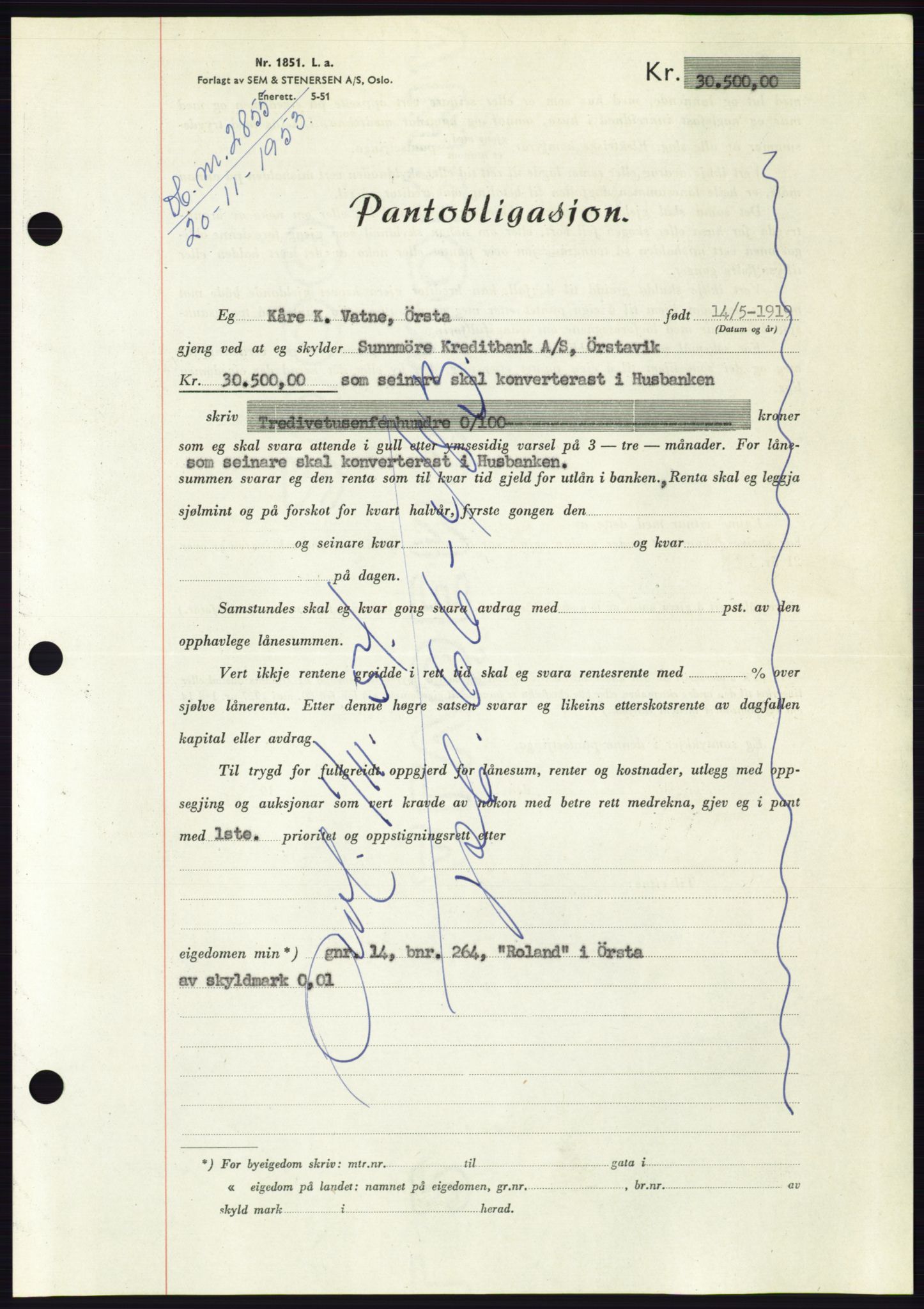 Søre Sunnmøre sorenskriveri, AV/SAT-A-4122/1/2/2C/L0124: Pantebok nr. 12B, 1953-1954, Dagboknr: 2855/1953