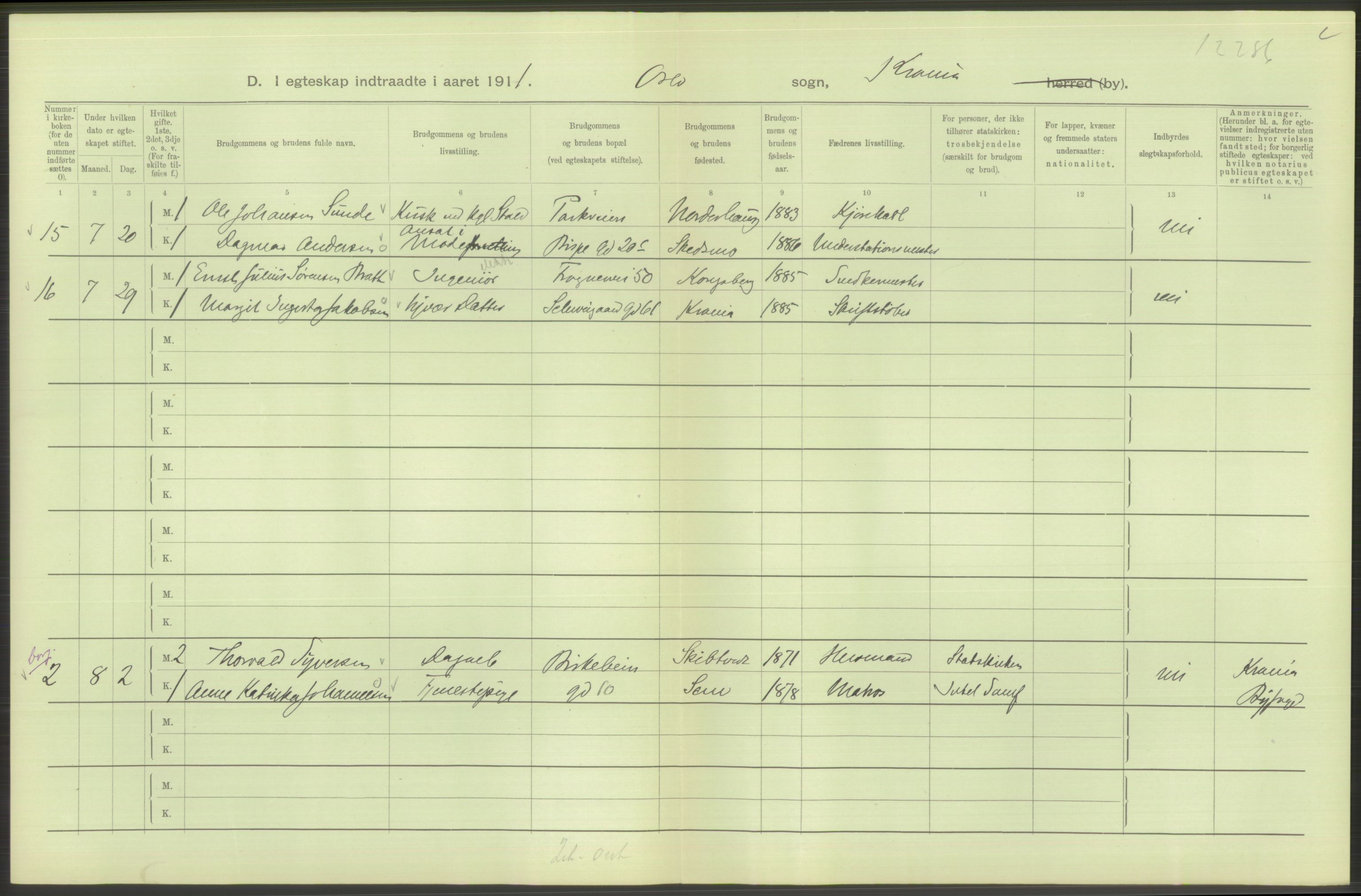 Statistisk sentralbyrå, Sosiodemografiske emner, Befolkning, AV/RA-S-2228/D/Df/Dfb/Dfba/L0008: Kristiania: Gifte, 1911, s. 200