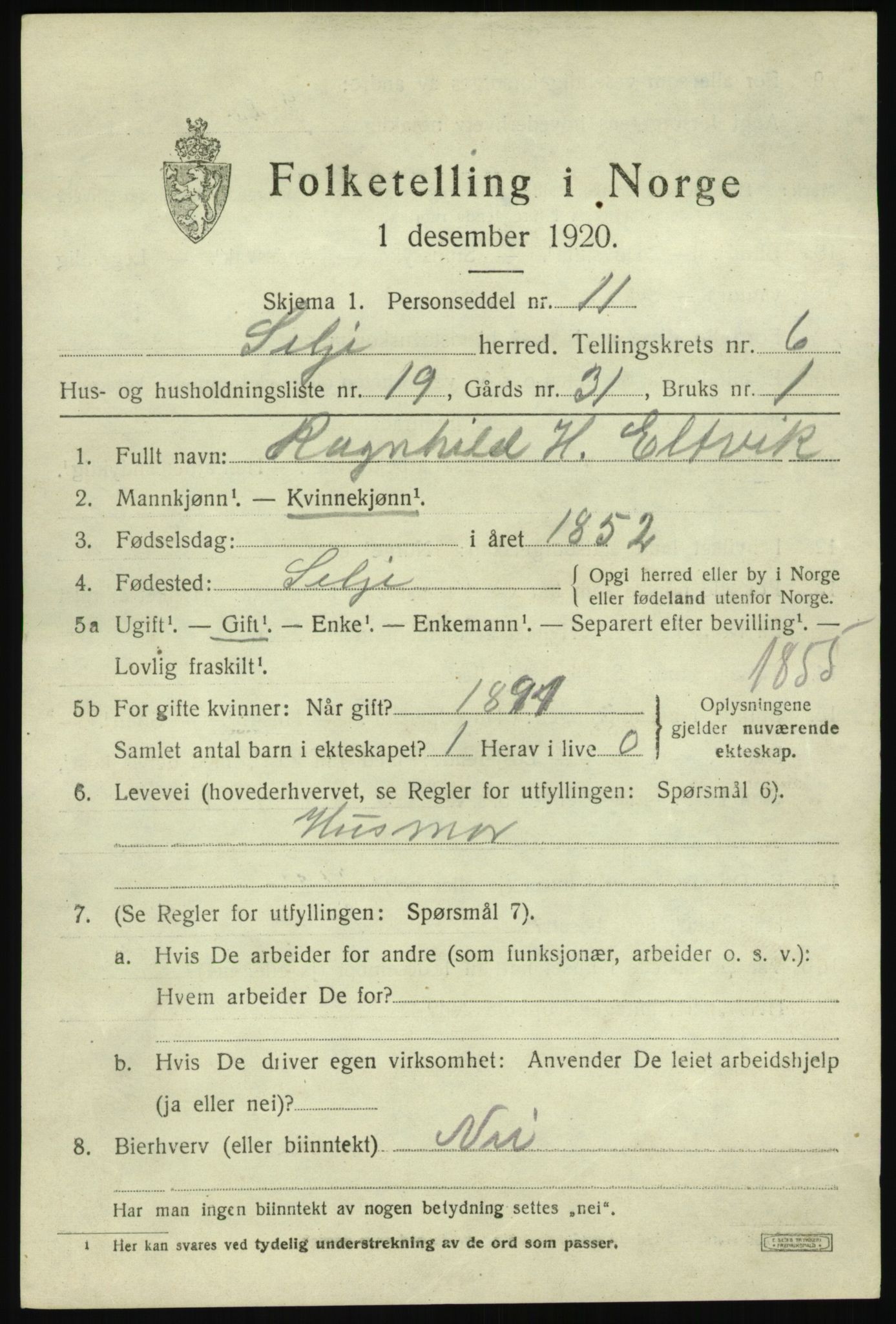 SAB, Folketelling 1920 for 1441 Selje herred, 1920, s. 3589