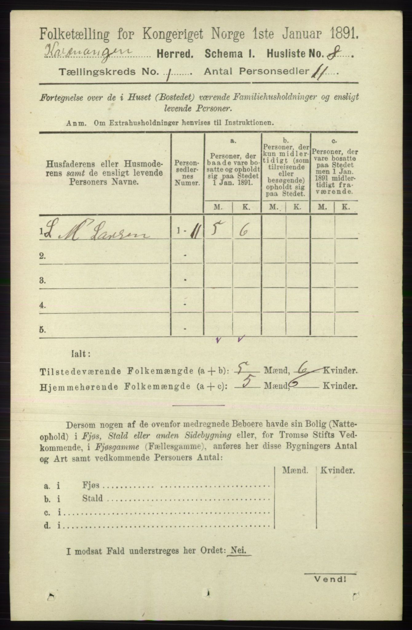RA, Folketelling 1891 for 1943 Kvænangen herred, 1891, s. 21