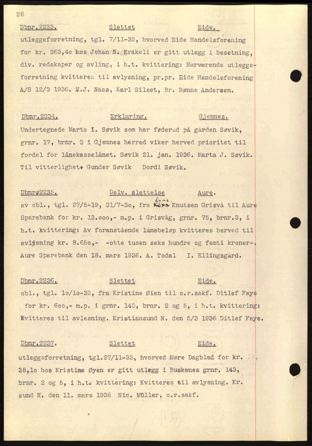 Nordmøre sorenskriveri, SAT/A-4132/1/2/2Ca: Pantebok nr. C80, 1936-1939, Dagboknr: 2233/1936