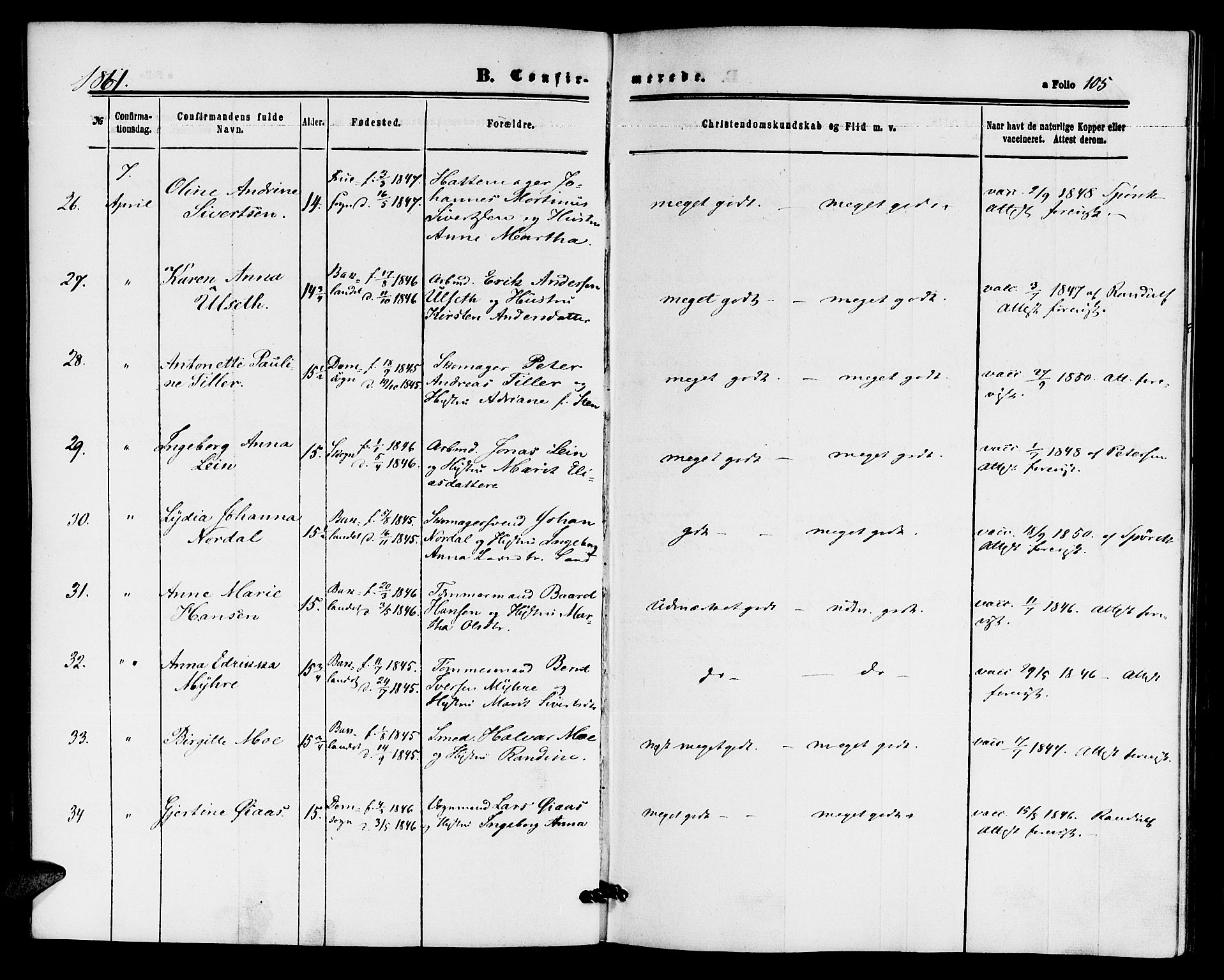 Ministerialprotokoller, klokkerbøker og fødselsregistre - Sør-Trøndelag, SAT/A-1456/604/L0185: Ministerialbok nr. 604A06, 1861-1865, s. 105