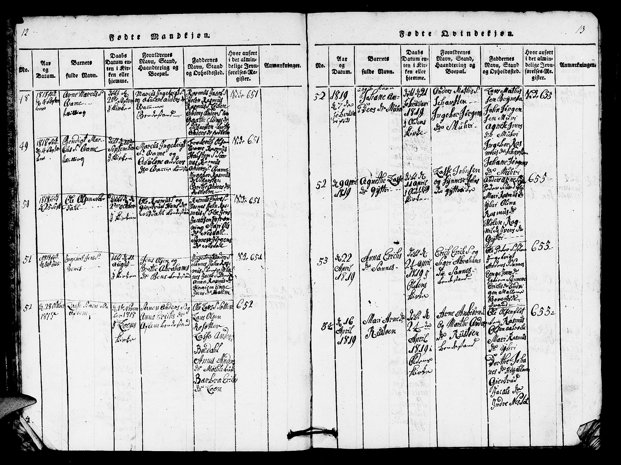 Innvik sokneprestembete, AV/SAB-A-80501: Klokkerbok nr. B 1, 1816-1820, s. 12-13
