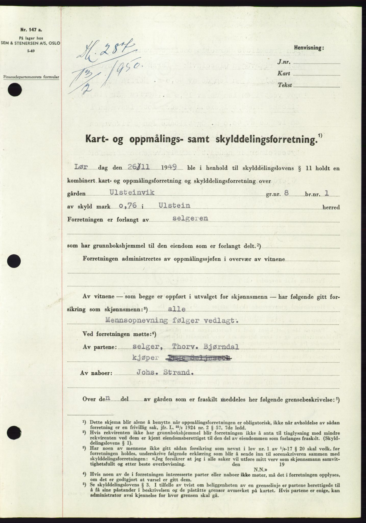 Søre Sunnmøre sorenskriveri, AV/SAT-A-4122/1/2/2C/L0086: Pantebok nr. 12A, 1949-1950, Dagboknr: 287/1950