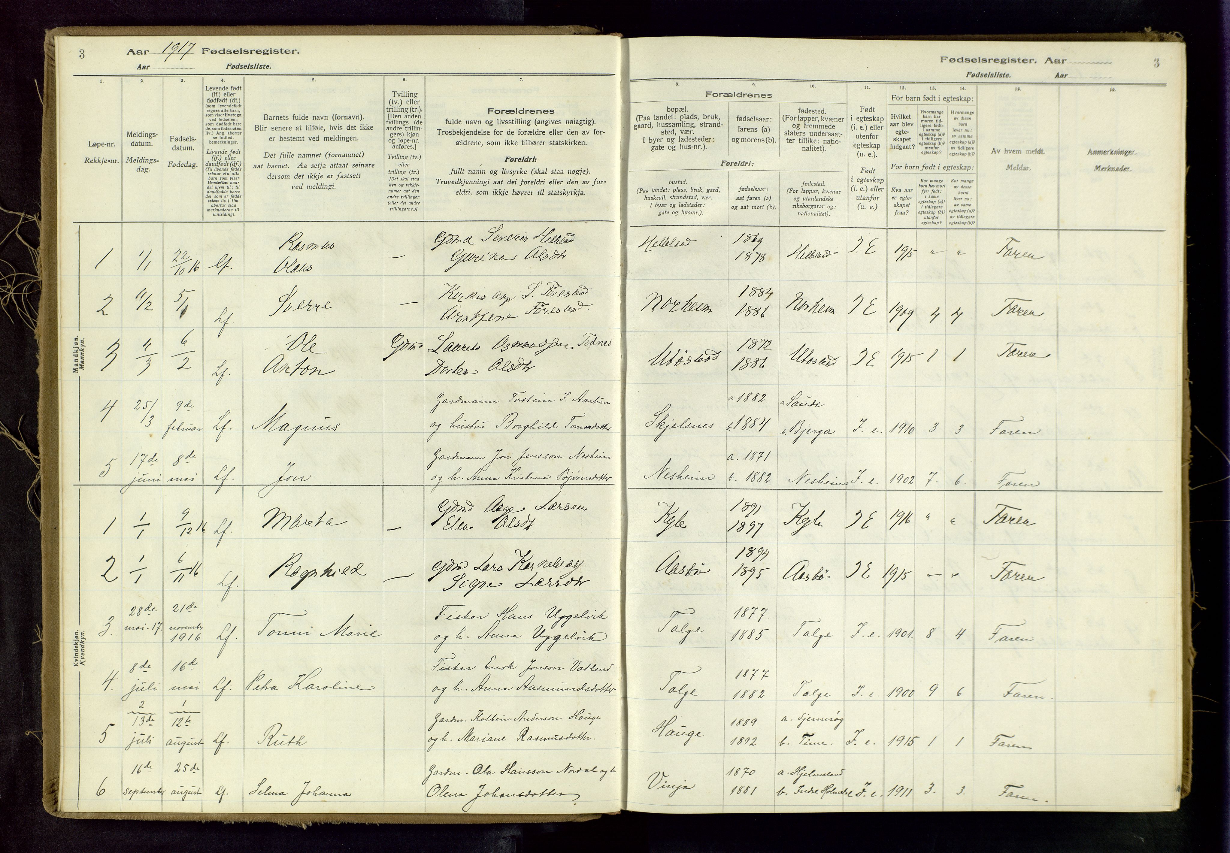 Nedstrand sokneprestkontor, AV/SAST-A-101841/03/A/L0001: Fødselsregister nr. 1, 1916-1982, s. 3