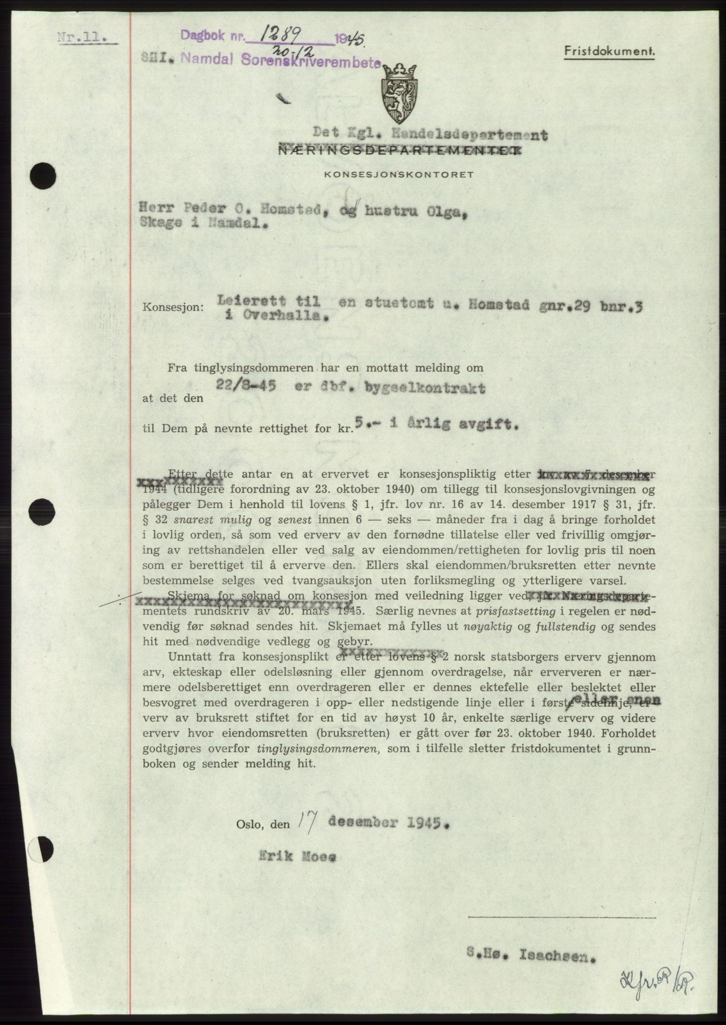 Namdal sorenskriveri, SAT/A-4133/1/2/2C: Pantebok nr. -, 1944-1945, Dagboknr: 1289/1945