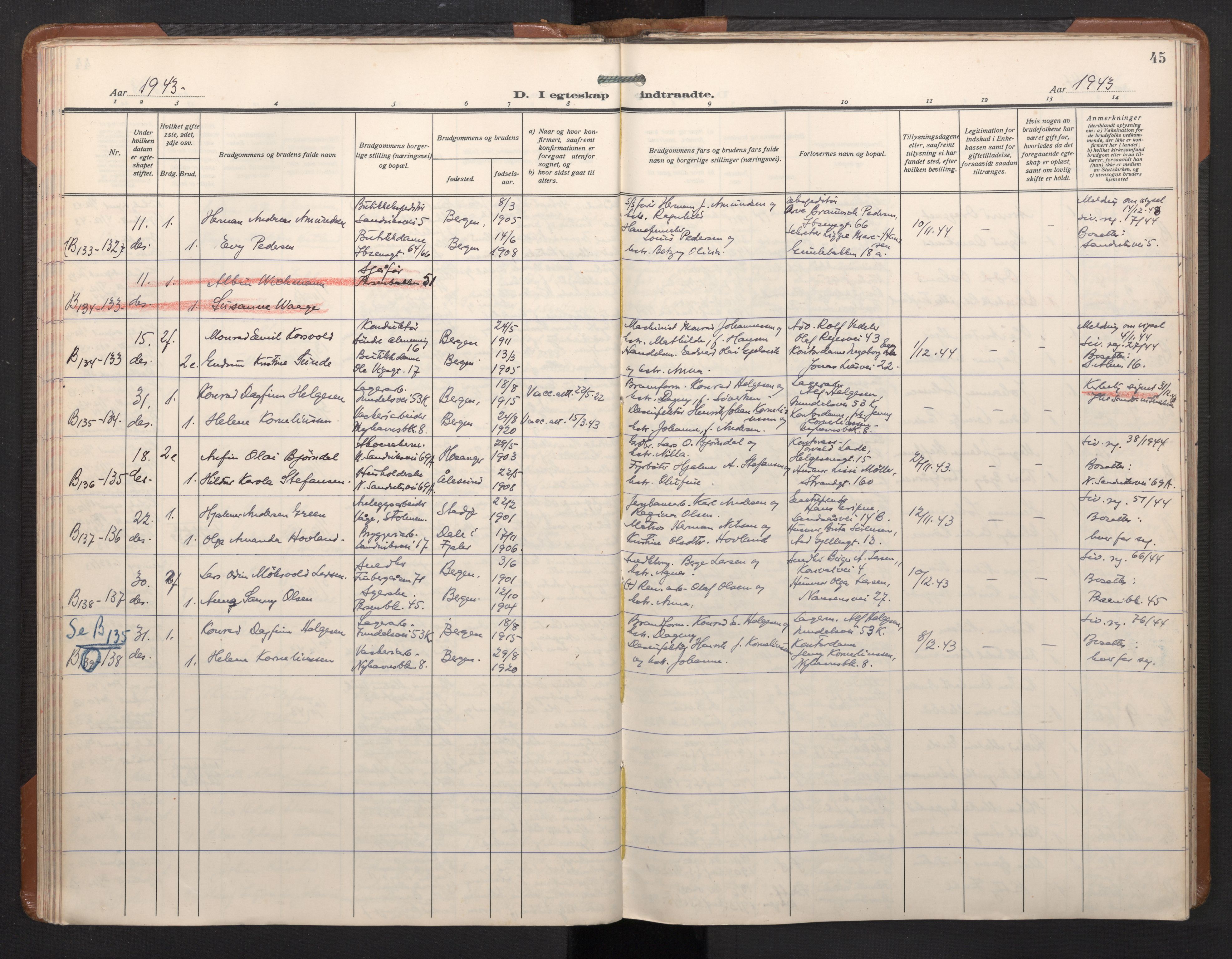 Sandviken Sokneprestembete, AV/SAB-A-77601/H/Ha/L0017: Ministerialbok nr. D 4, 1940-1954, s. 45