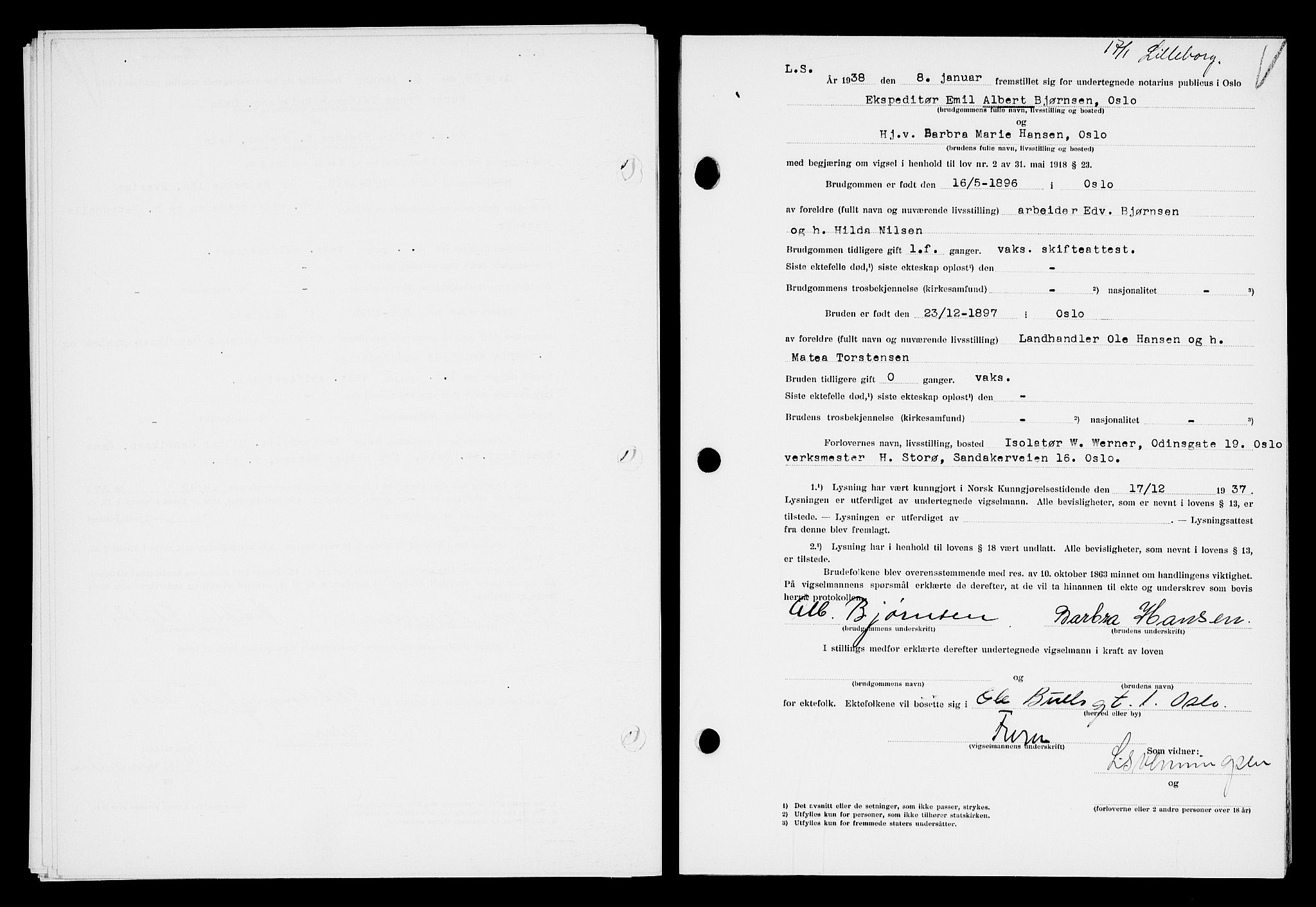 Oslo byfogd avd. I, AV/SAO-A-10220/L/Lb/Lbb/L0029: Notarialprotokoll, rekke II: Vigsler, 1937-1938