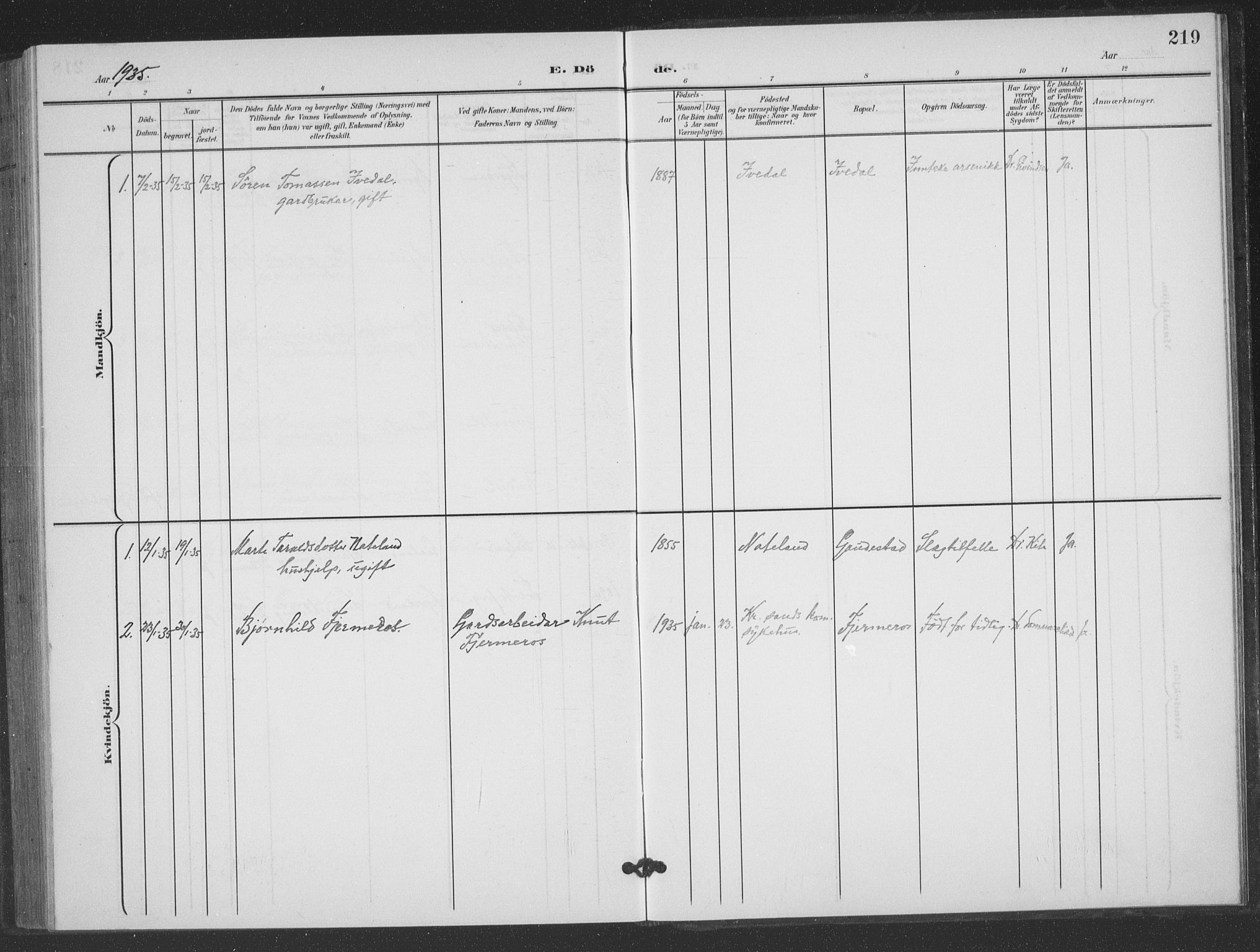 Evje sokneprestkontor, AV/SAK-1111-0008/F/Fb/Fbc/L0005: Klokkerbok nr. B 5, 1901-1935, s. 219