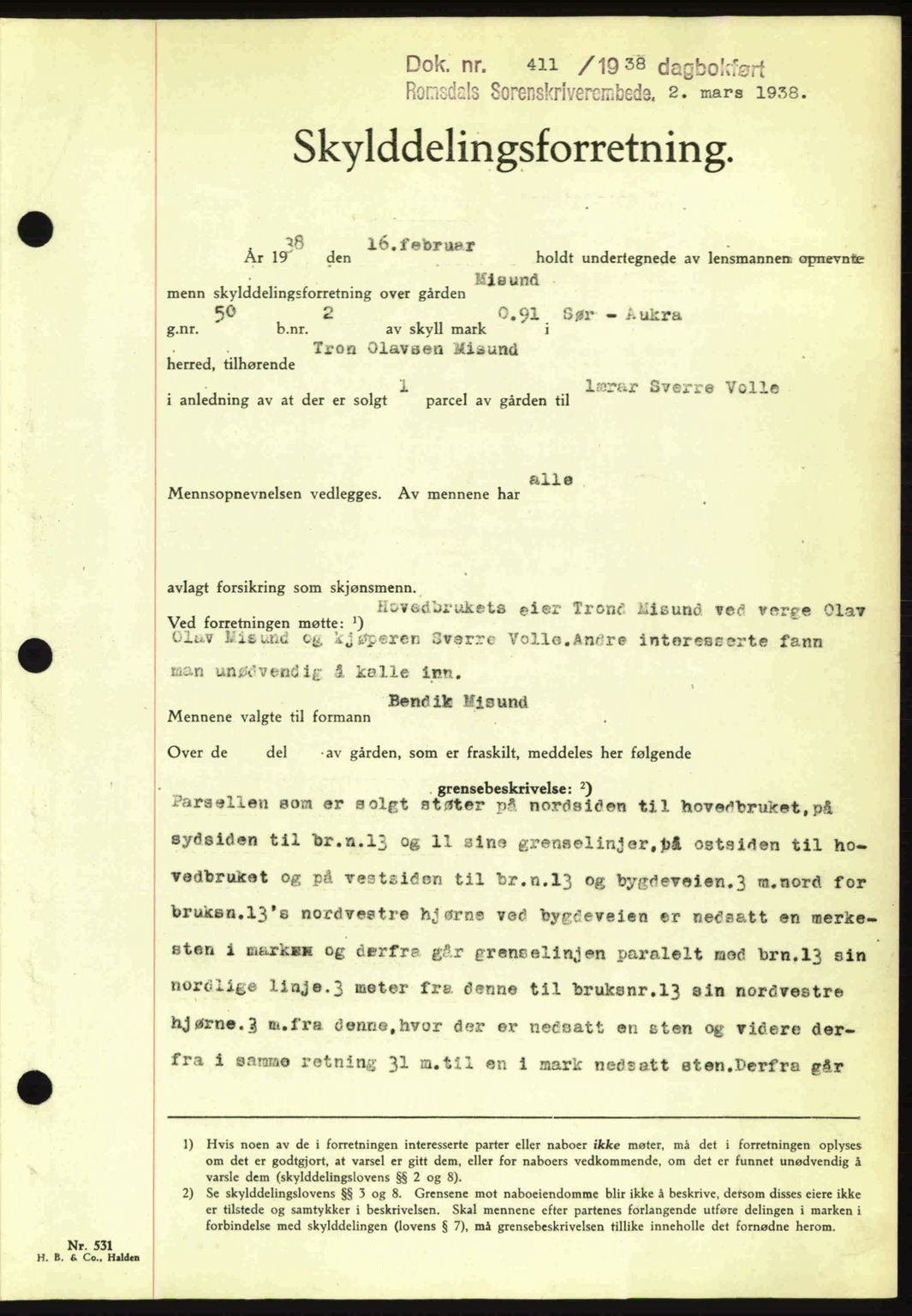 Romsdal sorenskriveri, SAT/A-4149/1/2/2C: Pantebok nr. A4, 1937-1938, Dagboknr: 411/1938
