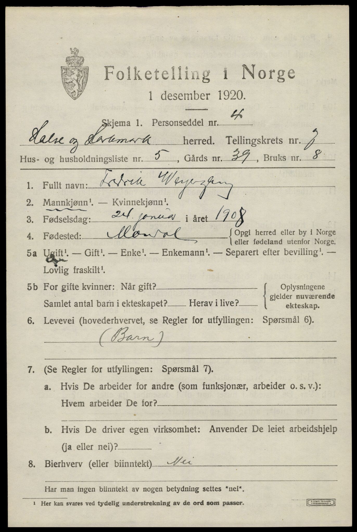 SAK, Folketelling 1920 for 1019 Halse og Harkmark herred, 1920, s. 3751