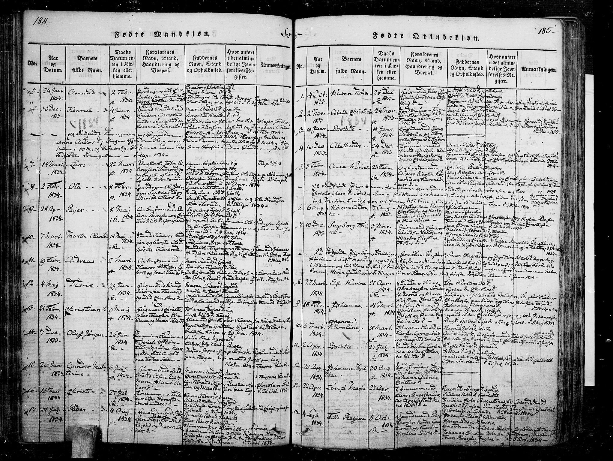 Skoger kirkebøker, SAKO/A-59/F/Fa/L0002: Ministerialbok nr. I 2 /1, 1814-1842, s. 184-185