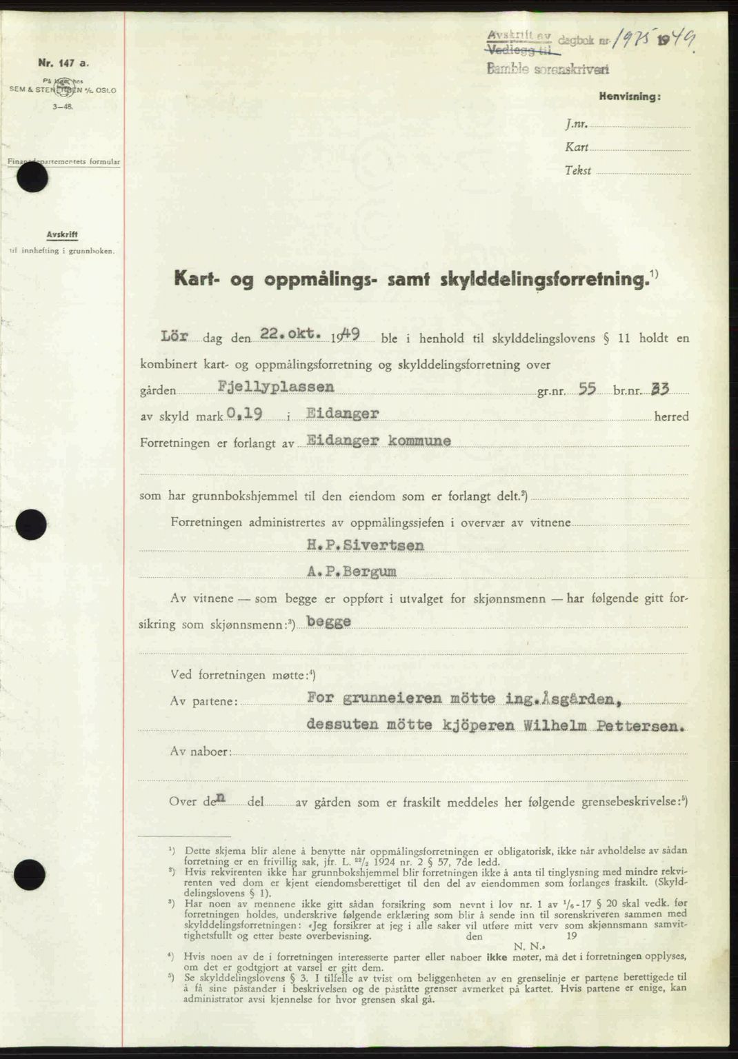 Bamble sorenskriveri, SAKO/A-214/G/Ga/Gag/L0015: Pantebok nr. A-15, 1949-1949, Dagboknr: 1975/1949