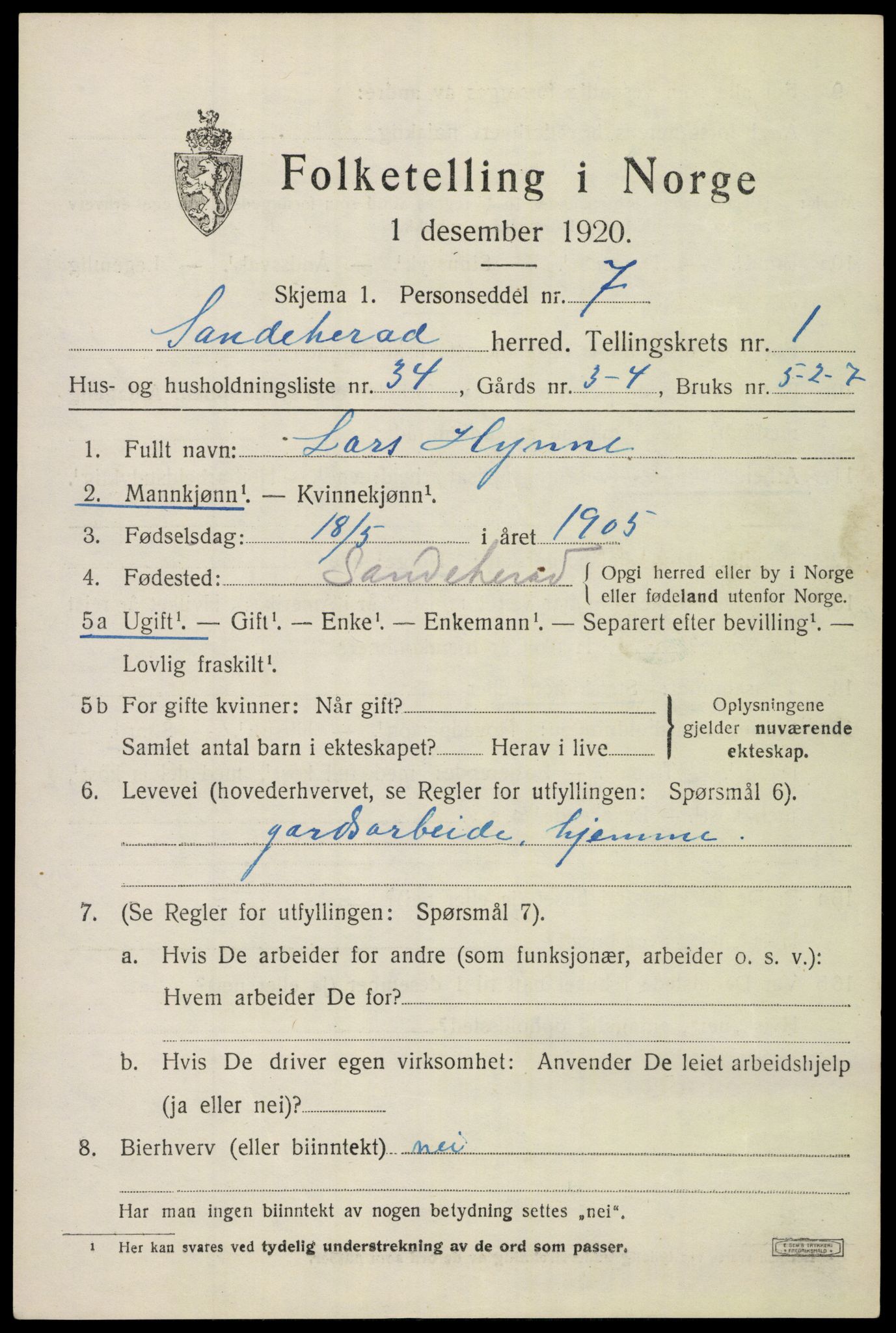 SAKO, Folketelling 1920 for 0724 Sandeherred herred, 1920, s. 4124
