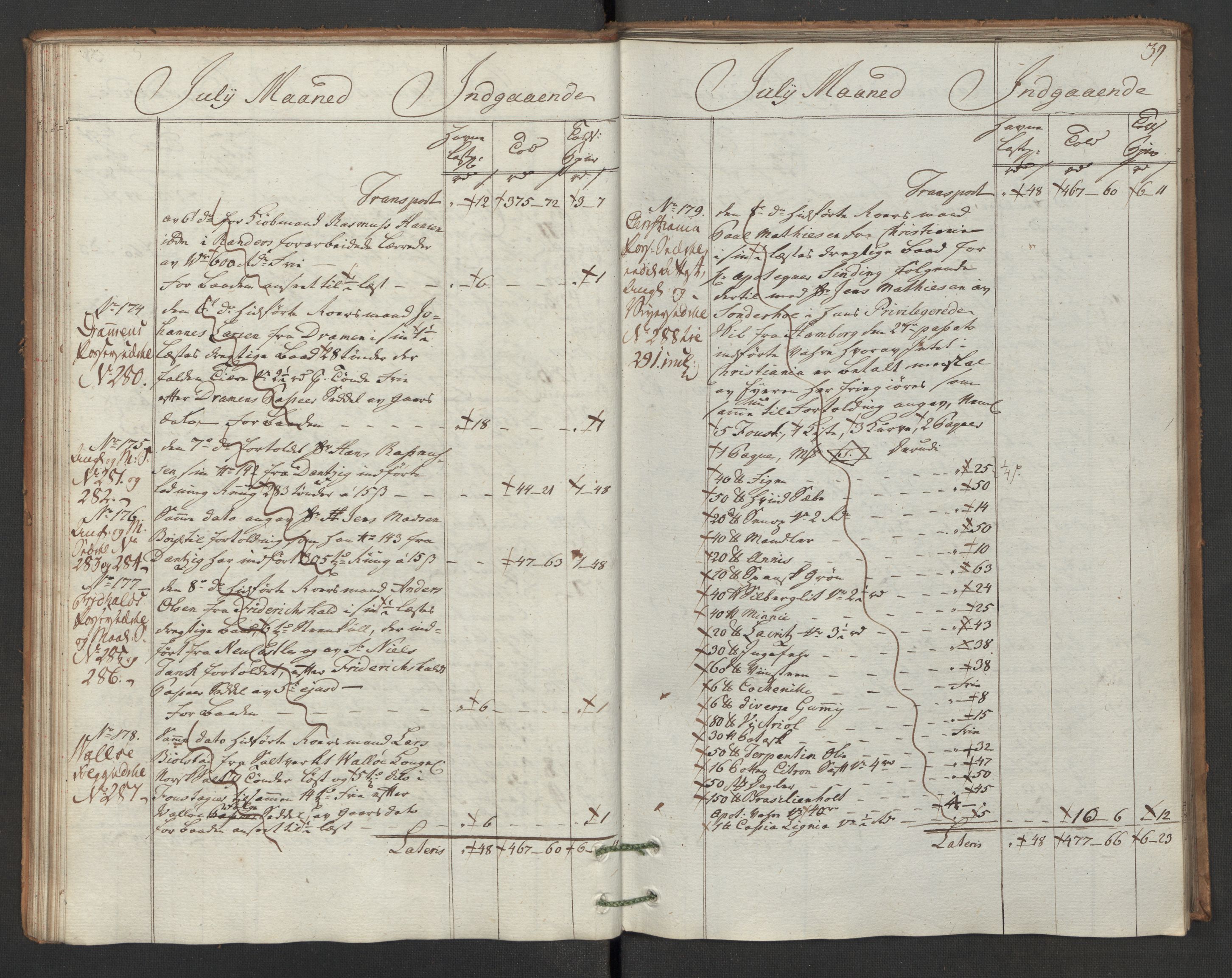 Generaltollkammeret, tollregnskaper, AV/RA-EA-5490/R02/L0091/0001: Tollregnskaper Fredrikstad / Inngående hovedtollbok, 1786, s. 38b-39a