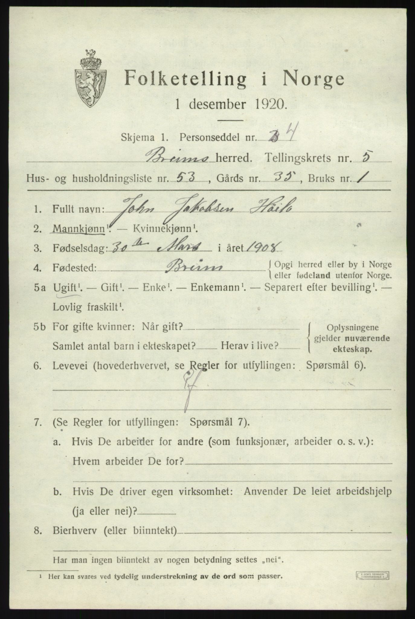 SAB, Folketelling 1920 for 1446 Breim herred, 1920, s. 3461