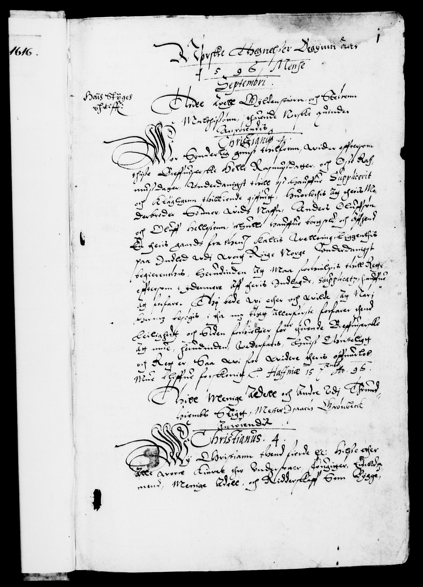 Danske Kanselli 1572-1799, AV/RA-EA-3023/F/Fc/Fca/Fcab/L0003: Norske tegnelser (mikrofilm), 1596-1616, s. 1a