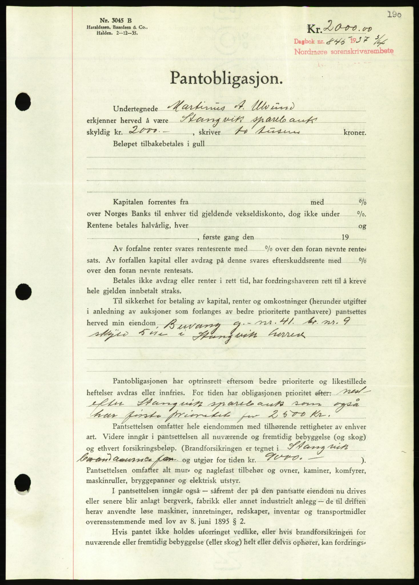 Nordmøre sorenskriveri, AV/SAT-A-4132/1/2/2Ca/L0091: Pantebok nr. B81, 1937-1937, Dagboknr: 845/1937