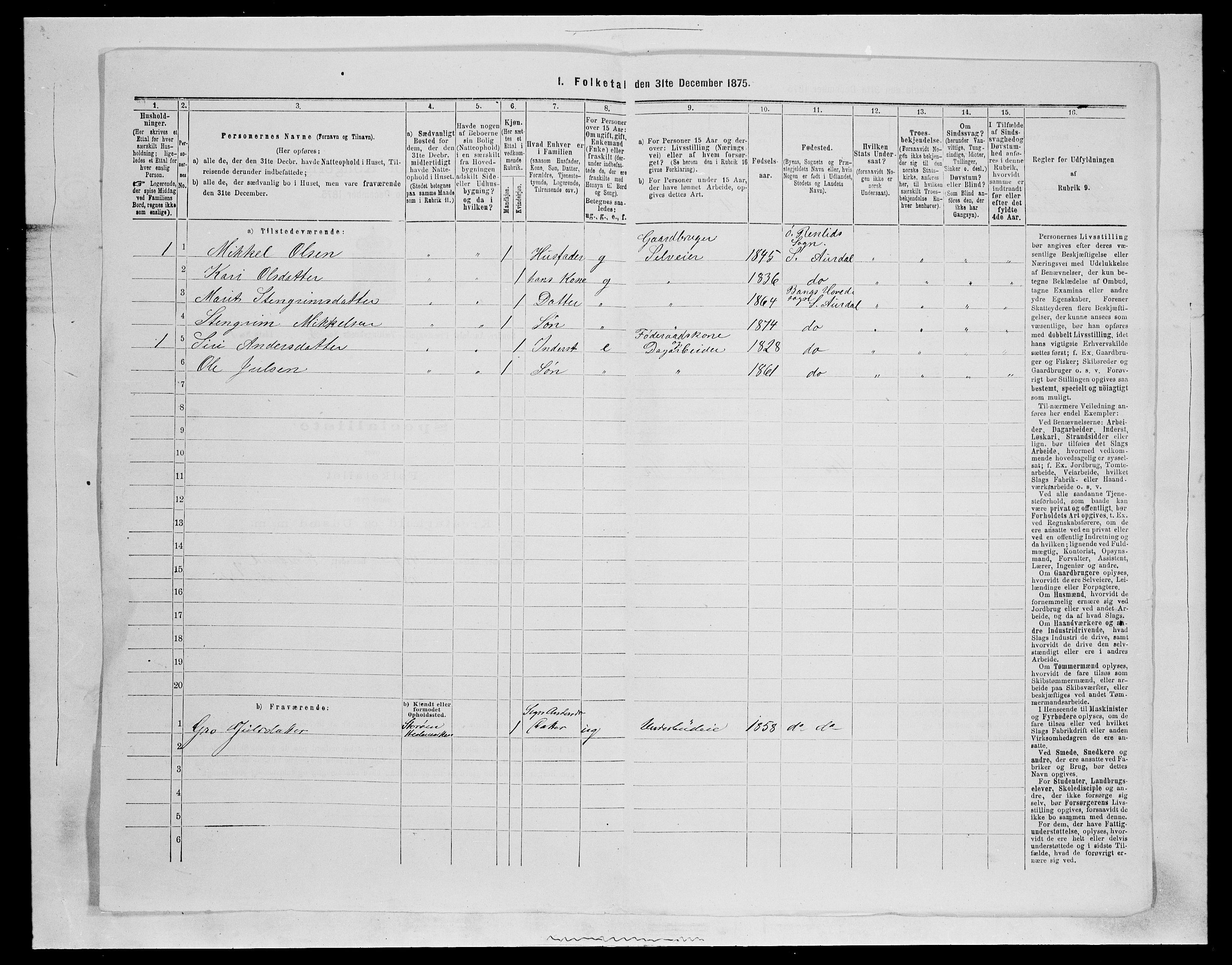 SAH, Folketelling 1875 for 0540P Sør-Aurdal prestegjeld, 1875, s. 527