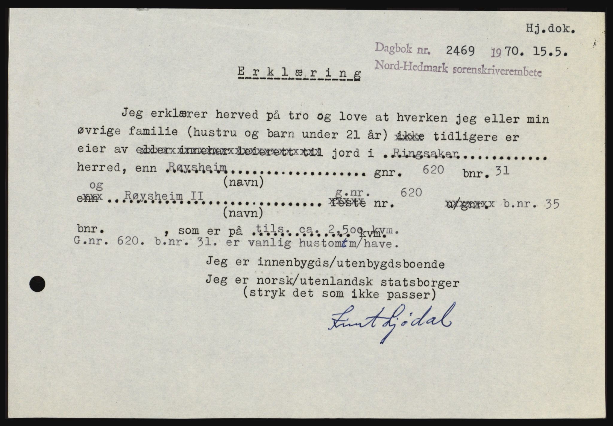 Nord-Hedmark sorenskriveri, AV/SAH-TING-012/H/Hc/L0033: Pantebok nr. 33, 1970-1970, Dagboknr: 2469/1970