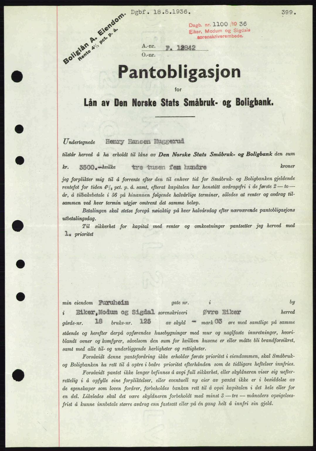 Eiker, Modum og Sigdal sorenskriveri, SAKO/A-123/G/Ga/Gab/L0032: Pantebok nr. A2, 1936-1936, Dagboknr: 1100/1936