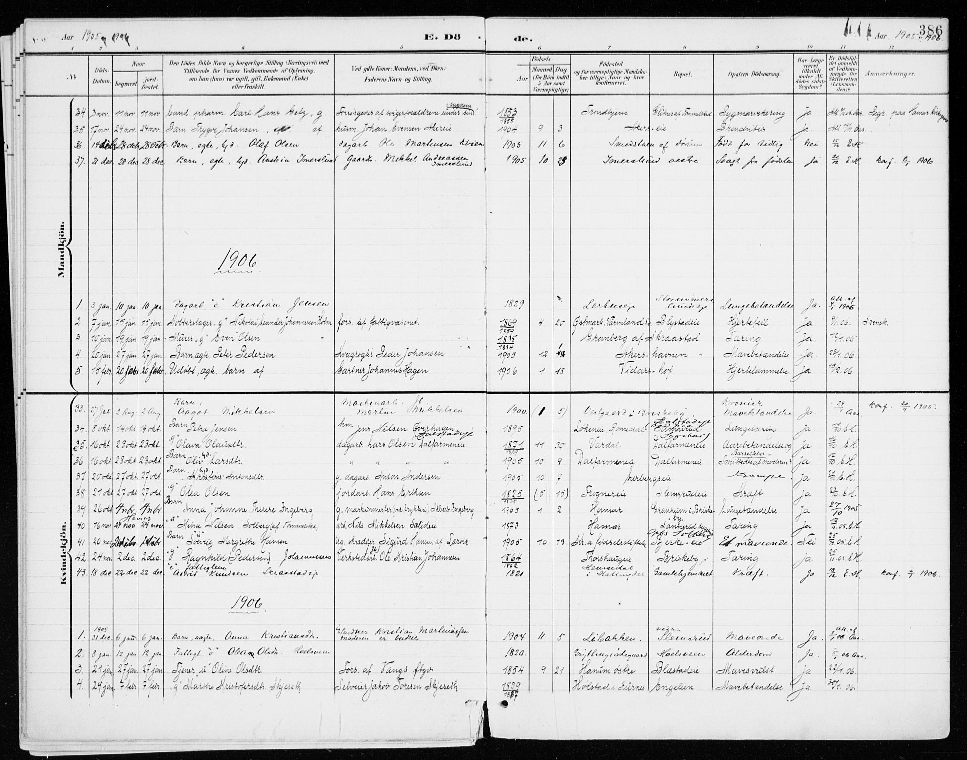 Vang prestekontor, Hedmark, AV/SAH-PREST-008/H/Ha/Haa/L0021: Ministerialbok nr. 21, 1902-1917, s. 386