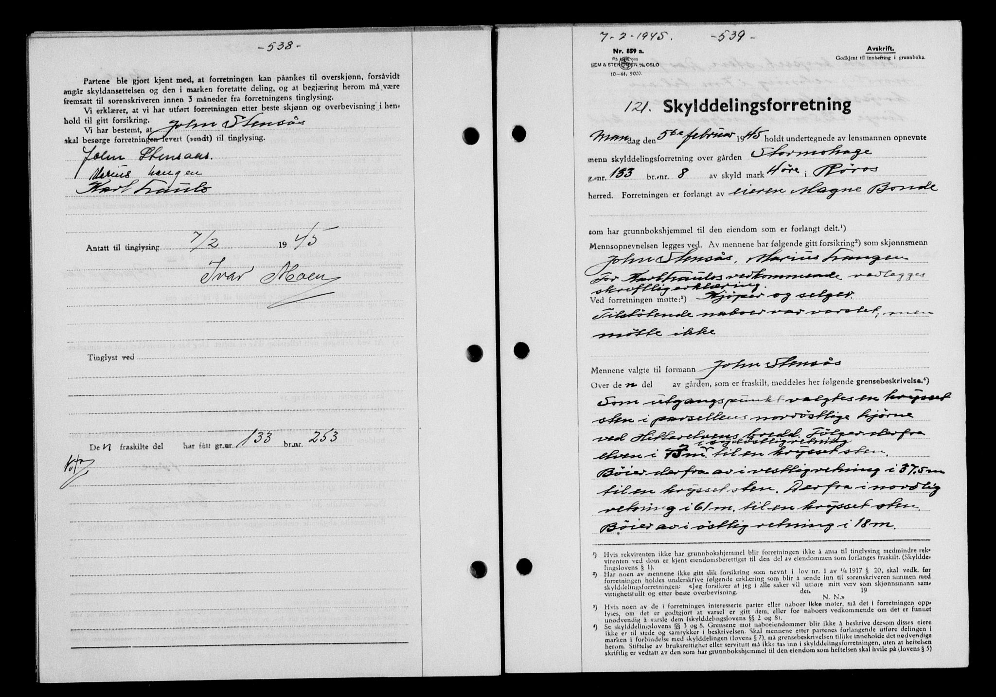 Gauldal sorenskriveri, SAT/A-0014/1/2/2C/L0058: Pantebok nr. 63, 1944-1945, Dagboknr: 121/1945