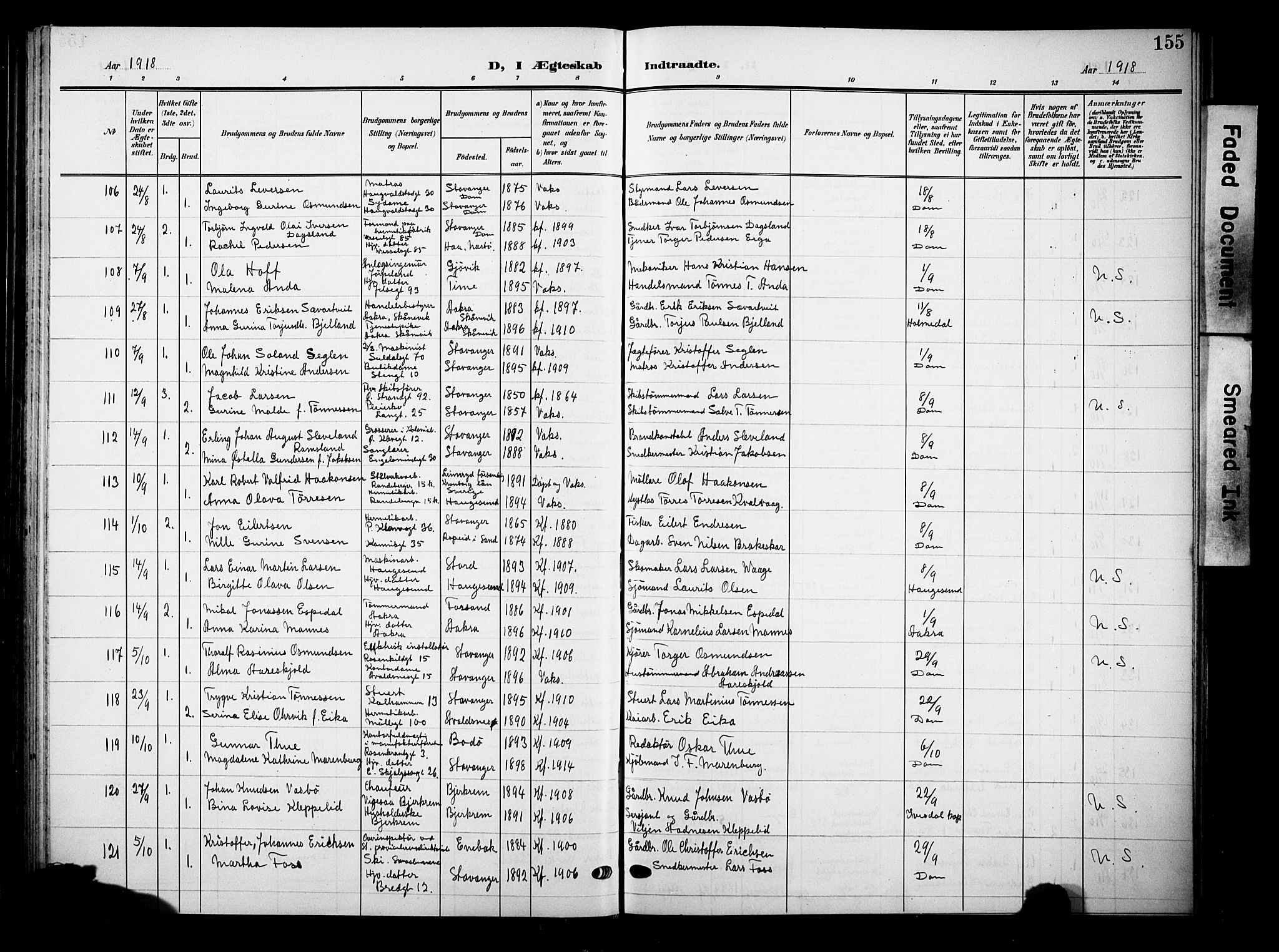 Domkirken sokneprestkontor, AV/SAST-A-101812/001/30/30BB/L0017: Klokkerbok nr. B 17, 1902-1921, s. 155