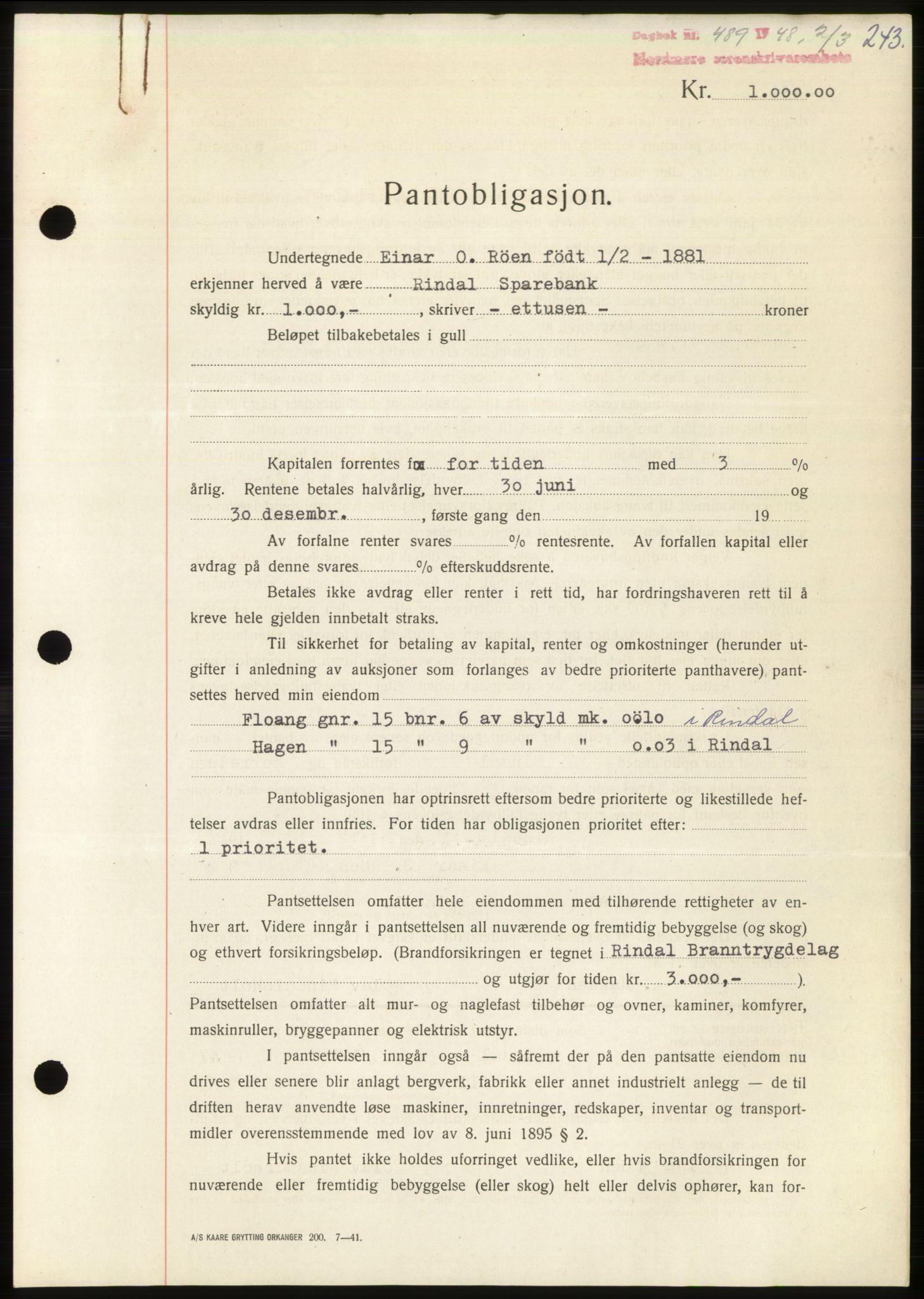Nordmøre sorenskriveri, SAT/A-4132/1/2/2Ca: Pantebok nr. B98, 1948-1948, Dagboknr: 489/1948