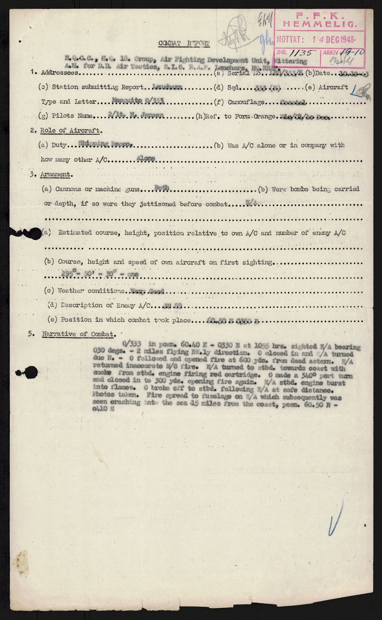 Forsvaret, 333 Skvadron, AV/RA-RAFA-2003/1/Da/L0041: Combat, Crash and and Circumstantial Reports , 1943-1945, s. 443