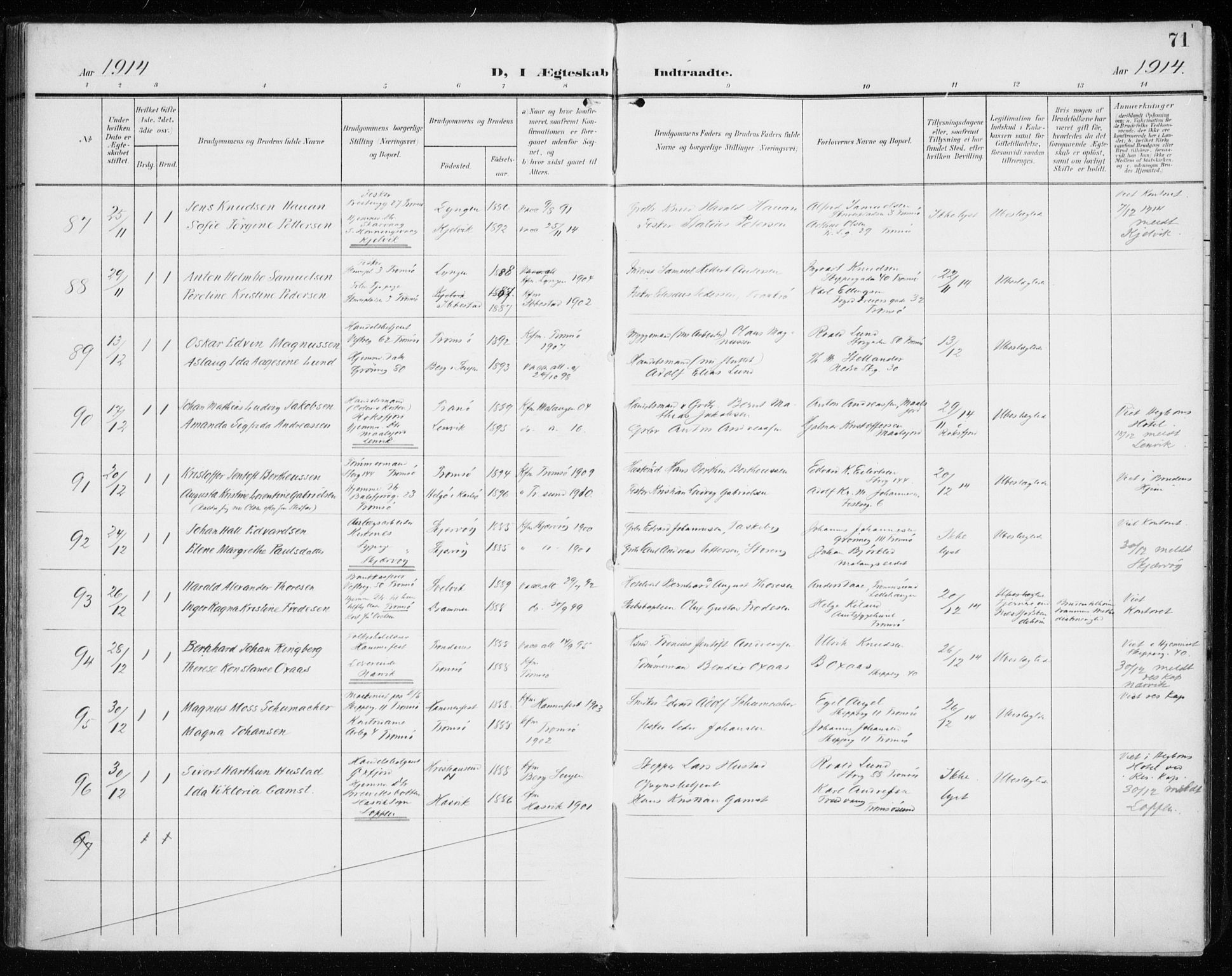 Tromsø sokneprestkontor/stiftsprosti/domprosti, AV/SATØ-S-1343/G/Ga/L0018kirke: Ministerialbok nr. 18, 1907-1917, s. 71