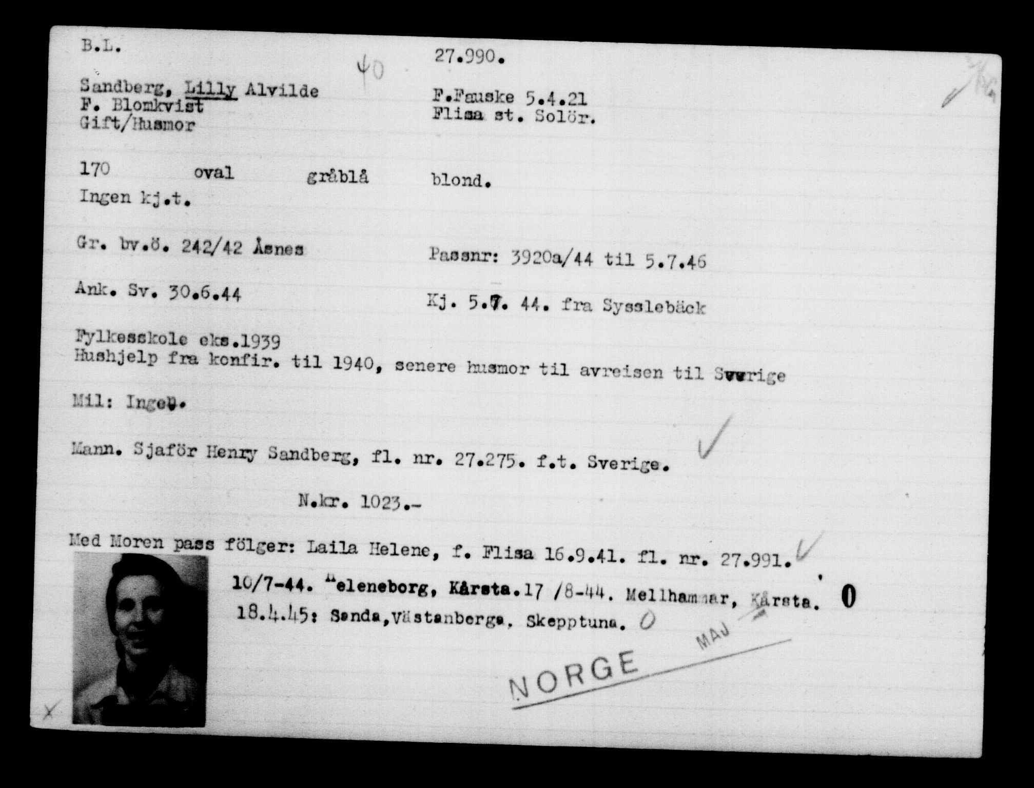 Den Kgl. Norske Legasjons Flyktningskontor, AV/RA-S-6753/V/Va/L0011: Kjesäterkartoteket.  Flyktningenr. 25300-28349, 1940-1945, s. 2870