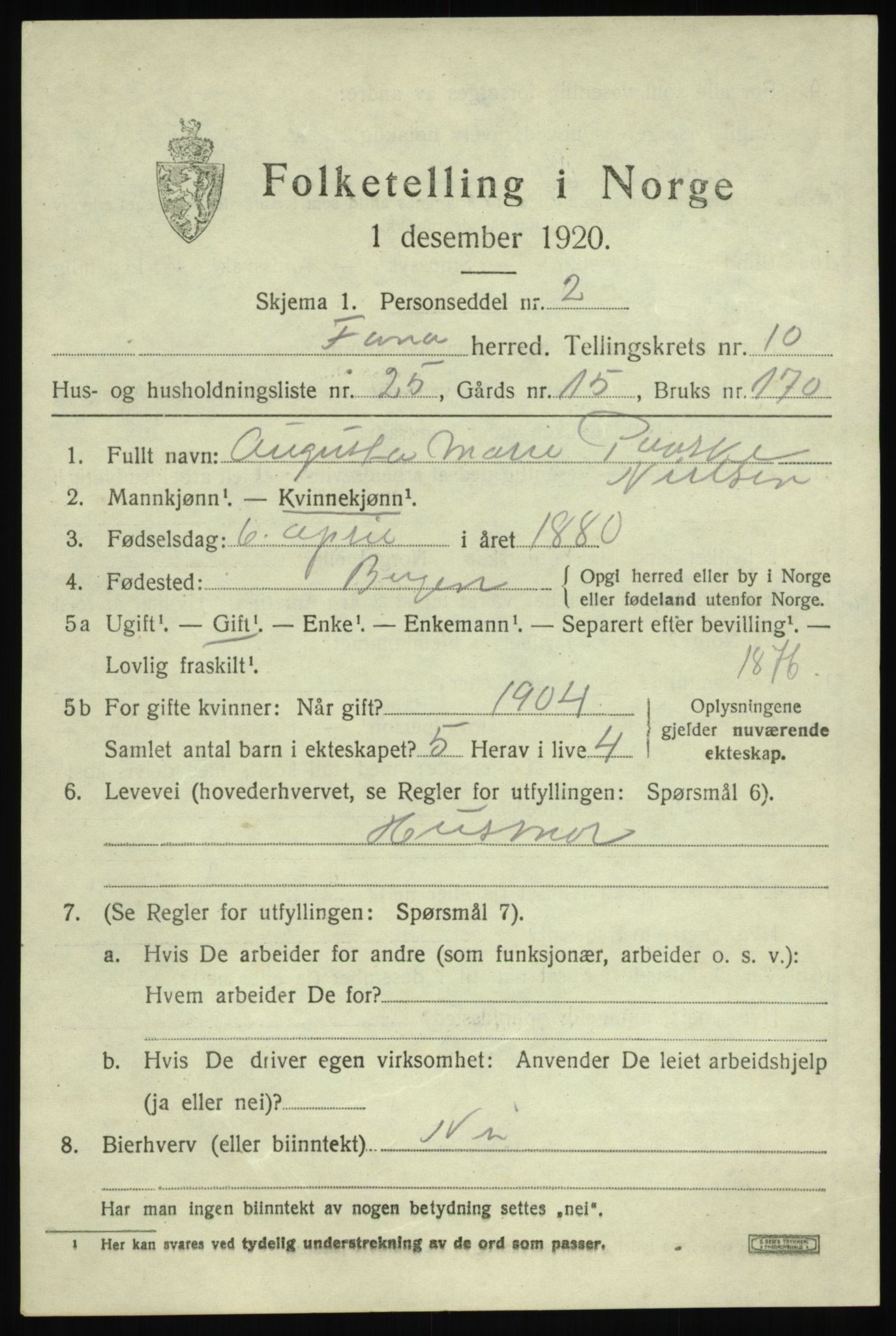 SAB, Folketelling 1920 for 1249 Fana herred, 1920, s. 17001