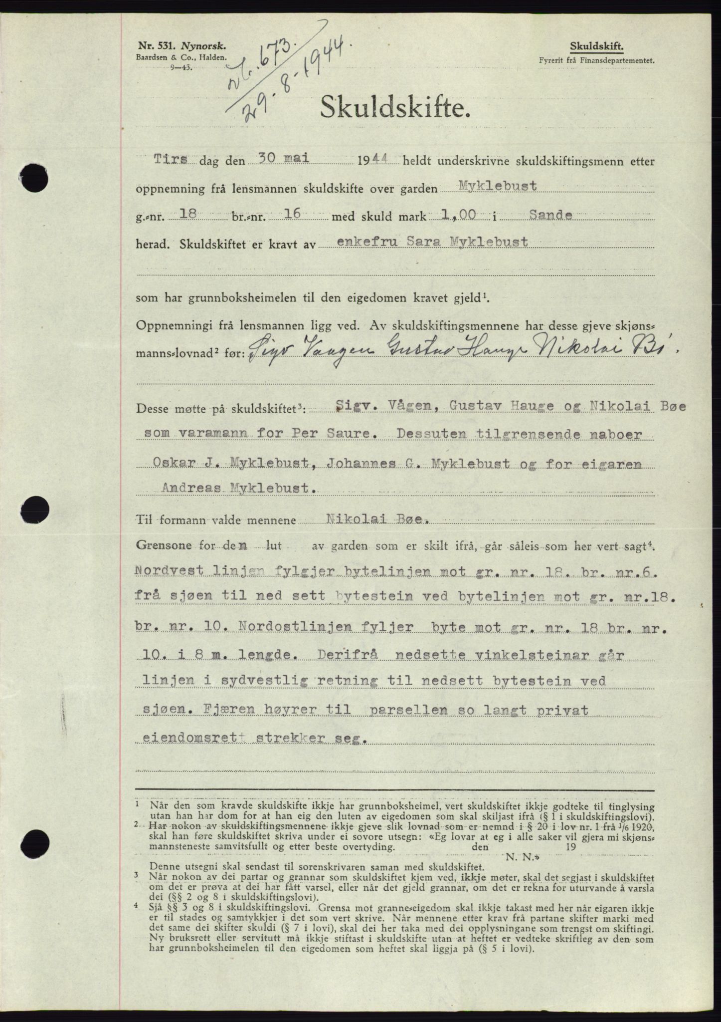 Søre Sunnmøre sorenskriveri, SAT/A-4122/1/2/2C/L0076: Pantebok nr. 2A, 1943-1944, Dagboknr: 673/1944