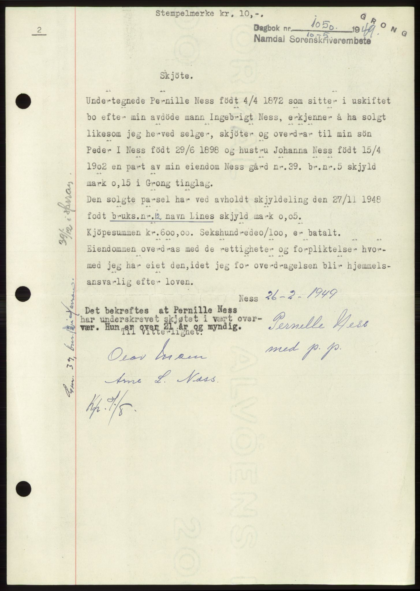 Namdal sorenskriveri, SAT/A-4133/1/2/2C: Pantebok nr. -, 1949-1949, Dagboknr: 1050/1949