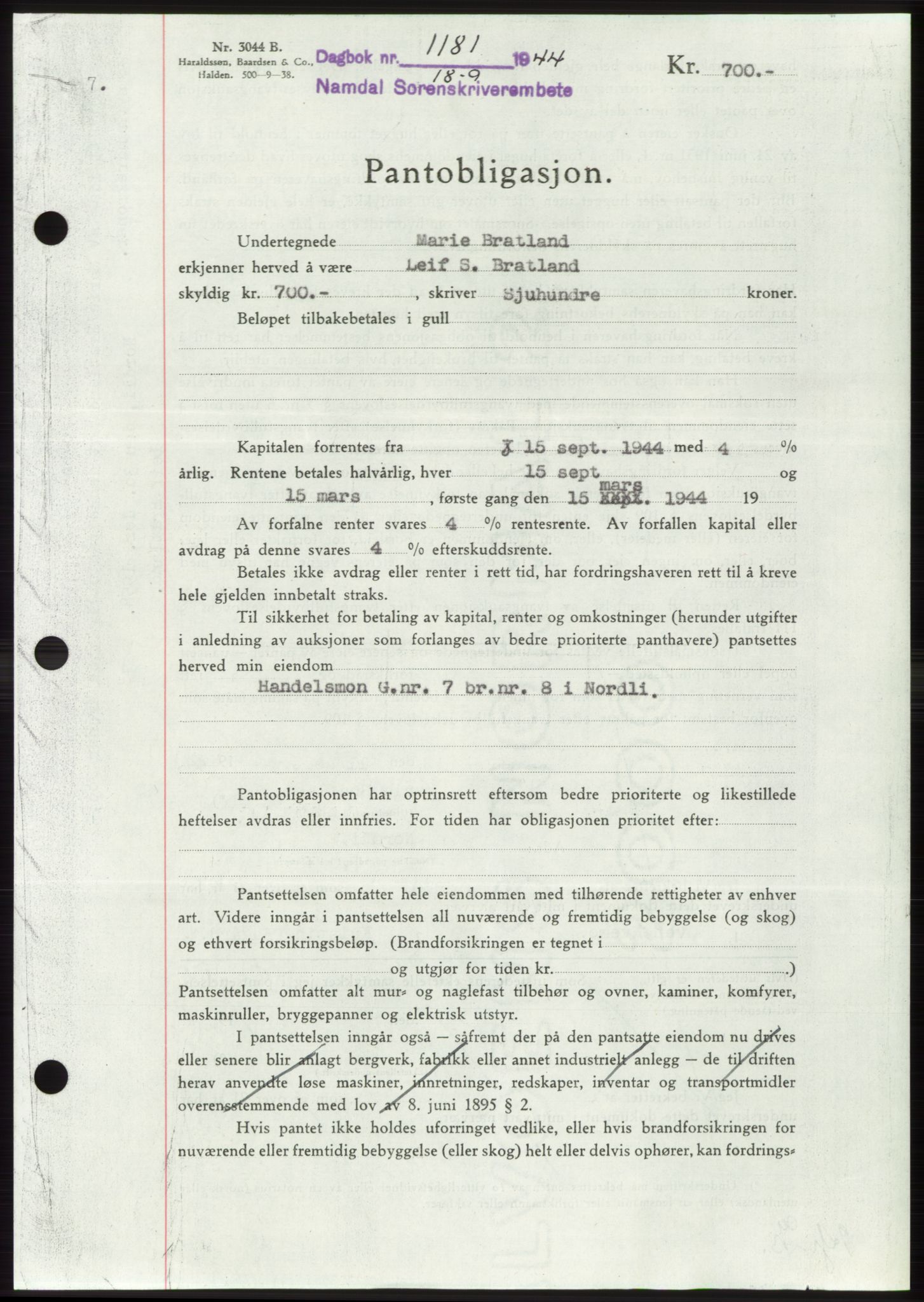 Namdal sorenskriveri, SAT/A-4133/1/2/2C: Pantebok nr. -, 1944-1945, Dagboknr: 1181/1944